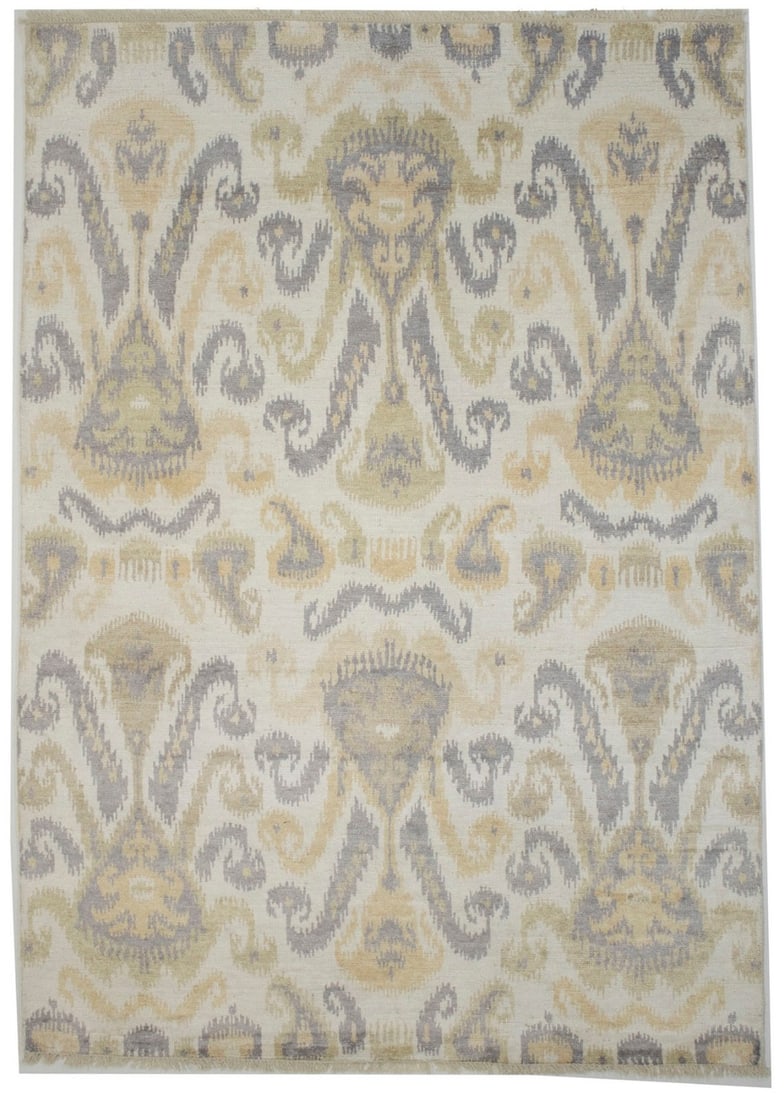 Modern Hand-Knotted 8'10 x 6'3 Area Rug in Wool and Bamboo Silk: Modern Hand-Knotted 8'10 x 6'3 Area Rug in Wool and Bamboo Silk Enhance your space with this stunning Distressed Contemporary Hand-Knotted Oriental Rug, featuring a harmonious blend of cream, beige, b