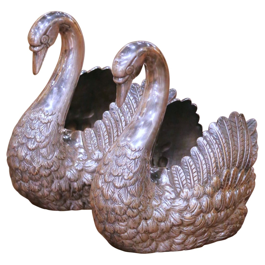 Set of Two French Silvered Copper Art Deco Swan Planters Circa 1960: Set of Two French Silvered Copper Art Deco Swan Planters Circa 1960 This elegant pair of mid-century French swan planters features hand-crafted copper bodies finished in a rich silvered surface. Each 