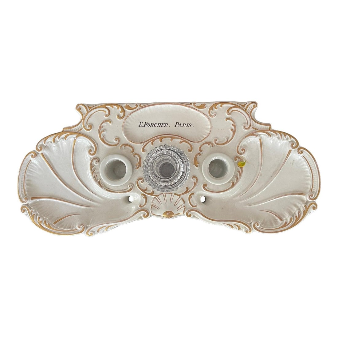 E Porcher Art Nouveau English porcelain advertising inkwell 3 wells: E Porcher Art Nouveau English porcelain advertising inkwell 3 wells This rare and large Art Nouveau porcelain advertising inkwell was produced in England around 1900 for E. Porcher of Paris, France. C