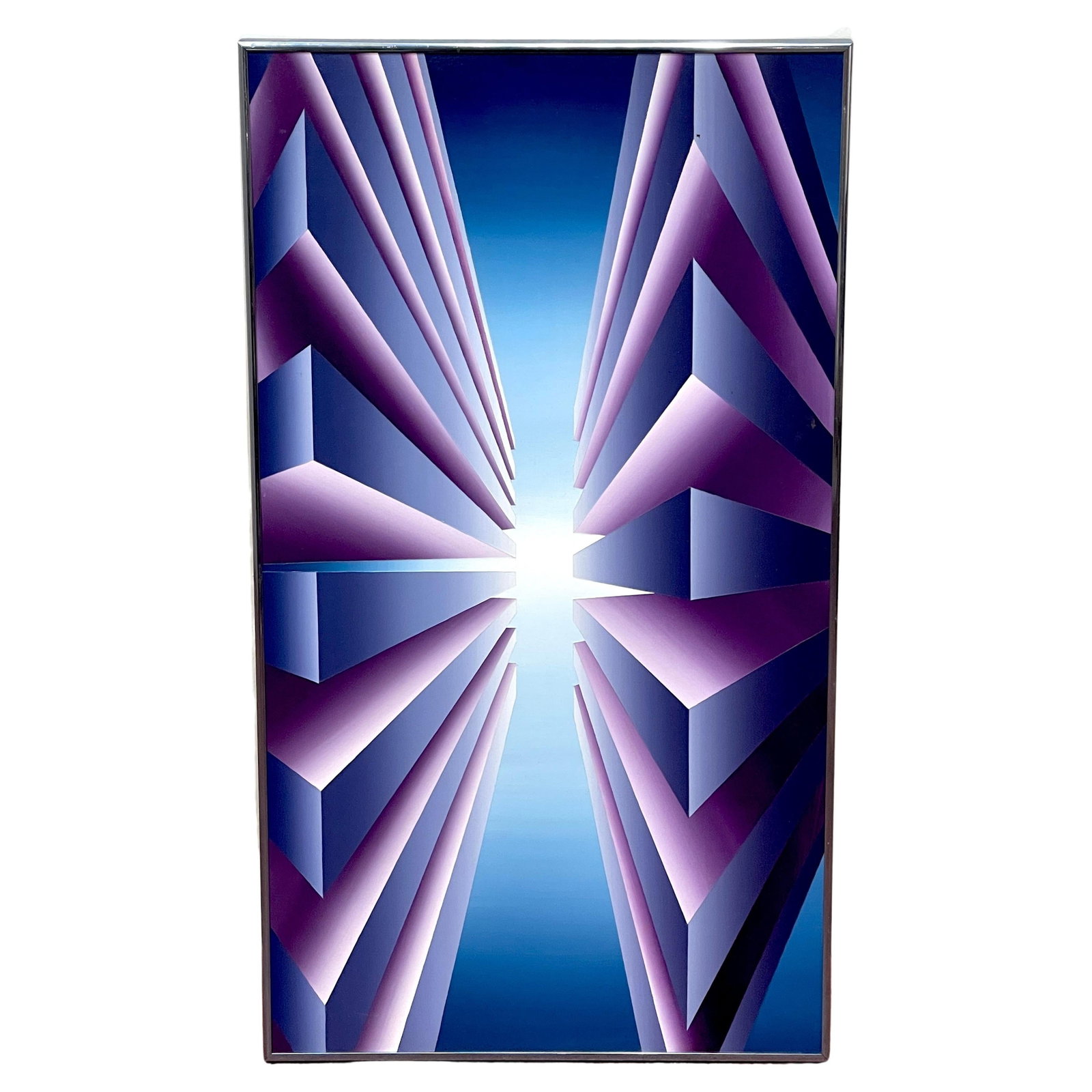 Stephen T. Boone 1986 Op Art Oil on Canvas 'ST3' in Chrome Frame: Stephen T. Boone 1986 Op Art Oil on Canvas 'ST3' in Chrome Frame Discover the stunning Op Art Oil on Canvas titled "ST3" by Stephen T. Boone, created in 1986. This captivating piece measures 20 inches