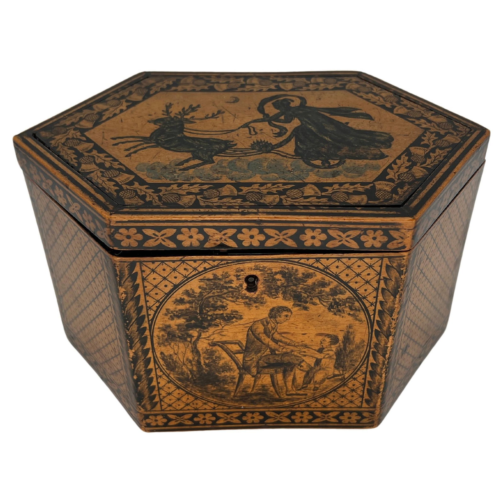 C. 1870 Regency Tunbridge Ware Penwork Tea Caddy Box England (1 of 11)