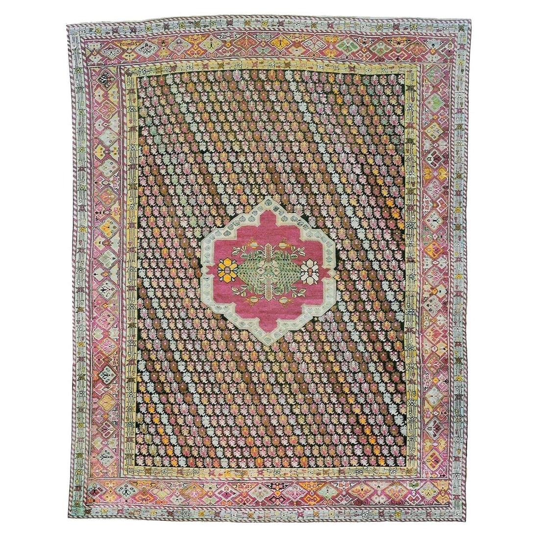 Vibrant 19th Century Turkish Ghiordes Rug Hand-Knotted Wool 12'8'' x 16'10'': Vibrant 19th Century Turkish Ghiordes Rug Hand-Knotted Wool 12'8'' x 16'10'' This colorful antique Turkish Ghiordes rug from the 19th century features a vibrant and intricate design that showcases the