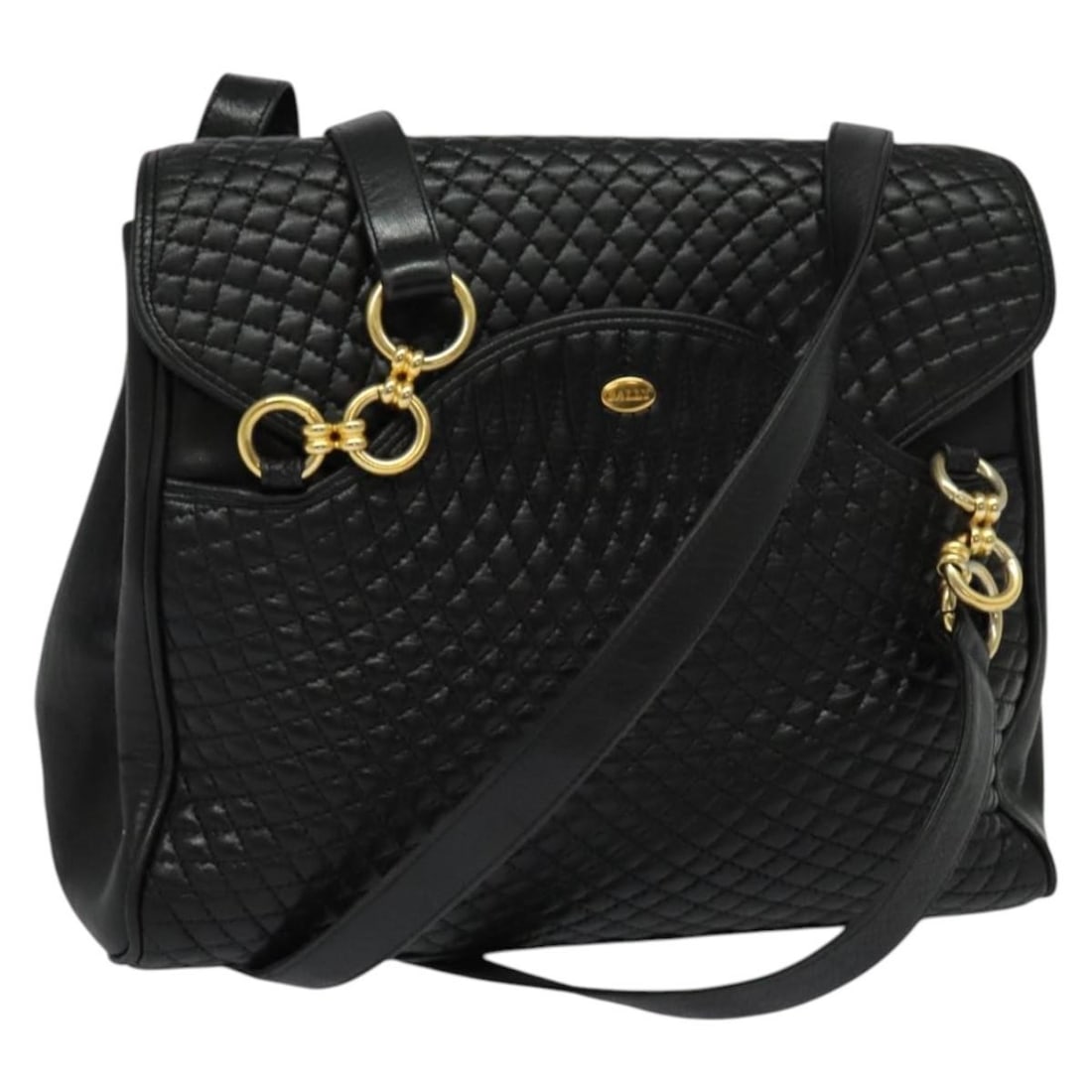 BALLY Black Gold Leather Quilted Chain Shoulder Bag BA4040: BALLY Black Gold Leather Quilted Chain Shoulder Bag BA4040 Introducing the BALLY Quilted Chain Shoulder Bag, a stylish accessory crafted from premium leather in a classic black and gold color scheme. 