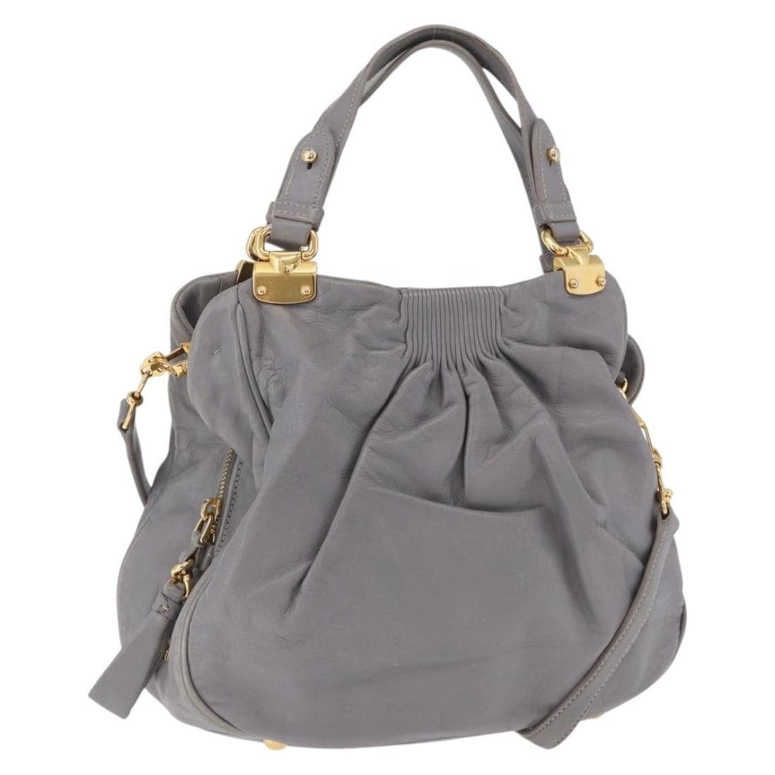 Miu Miu Gray Leather 2 Way Handbag with Shoulder Strap: Miu Miu Gray Leather 2 Way Handbag with Shoulder Strap Gray leather 2-way handbag with gold-tone accents and a detachable shoulder strap. Made in Turkey, this women's bag can be carried by the handles