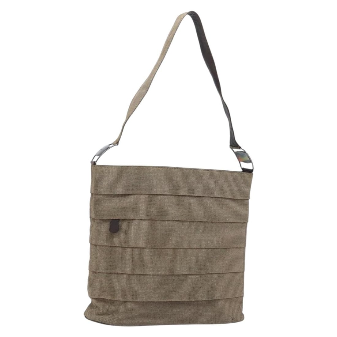 Beige Canvas Shoulder Purse by Salvatore Ferragamo with Silver Accents: Beige Canvas Shoulder Purse by Salvatore Ferragamo with Silver Accents This Salvatore Ferragamo shoulder bag features a beige and silver canvas exterior, offering a stylish and functional accessory fo