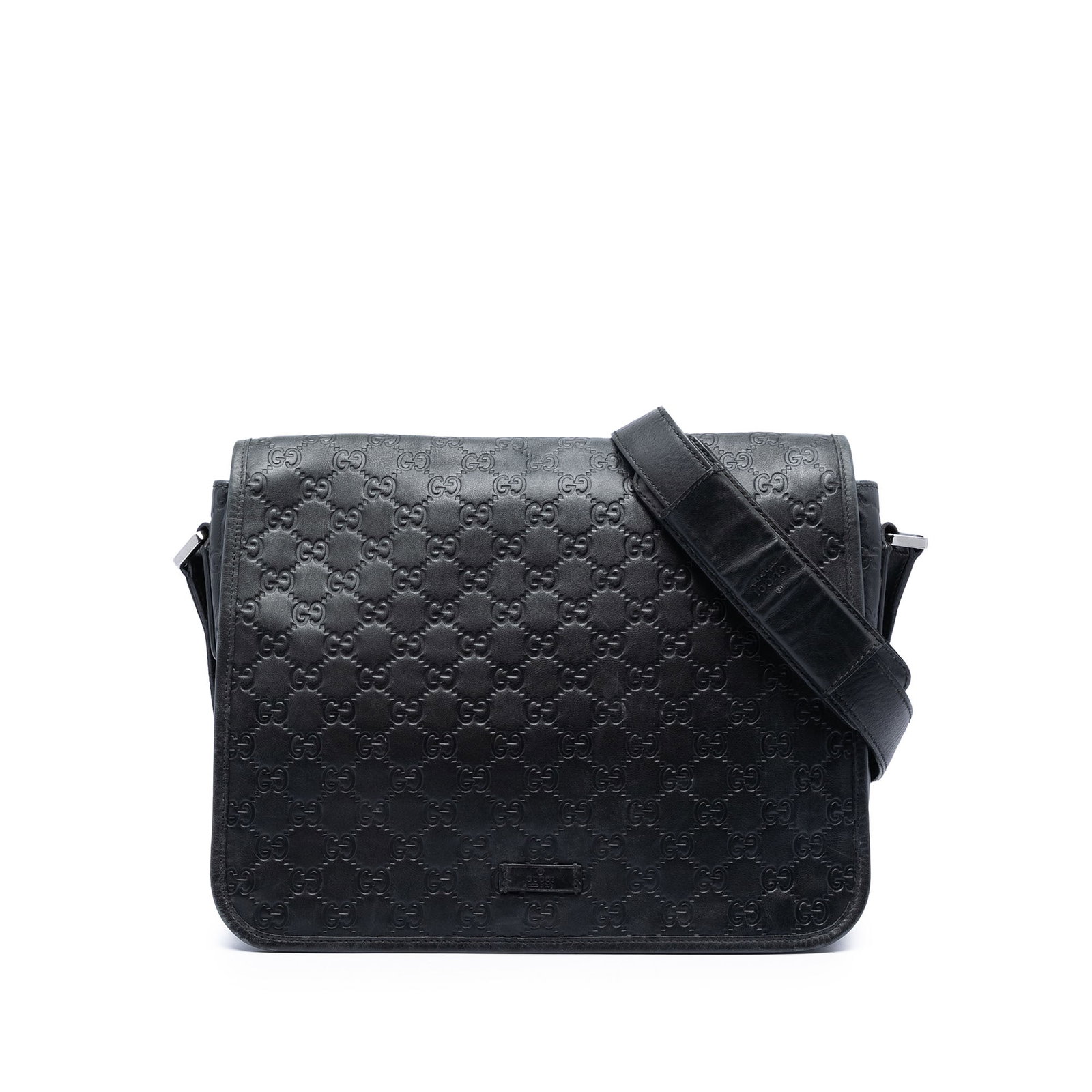 Gucci Guccissima Leather Crossbody Messenger Bag Black: Gucci Guccissima Leather Crossbody Messenger Bag Black Guccissima Messenger Bag in black leather with a crossbody design. It features an adjustable flat leather strap, a front flap with magnetic snap 