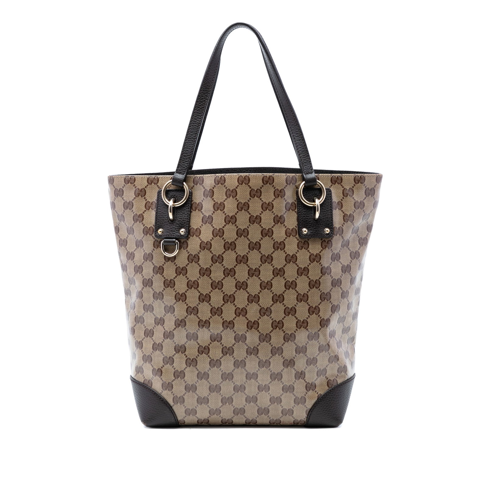 Gucci GG Crystal Charm Tote with Leather Trim: Gucci GG Crystal Charm Tote with Leather Trim This Gucci GG Crystal Vertical Charm Tote features a coated canvas body with leather trim, flat leather handles, an open top with snap closure, and interi