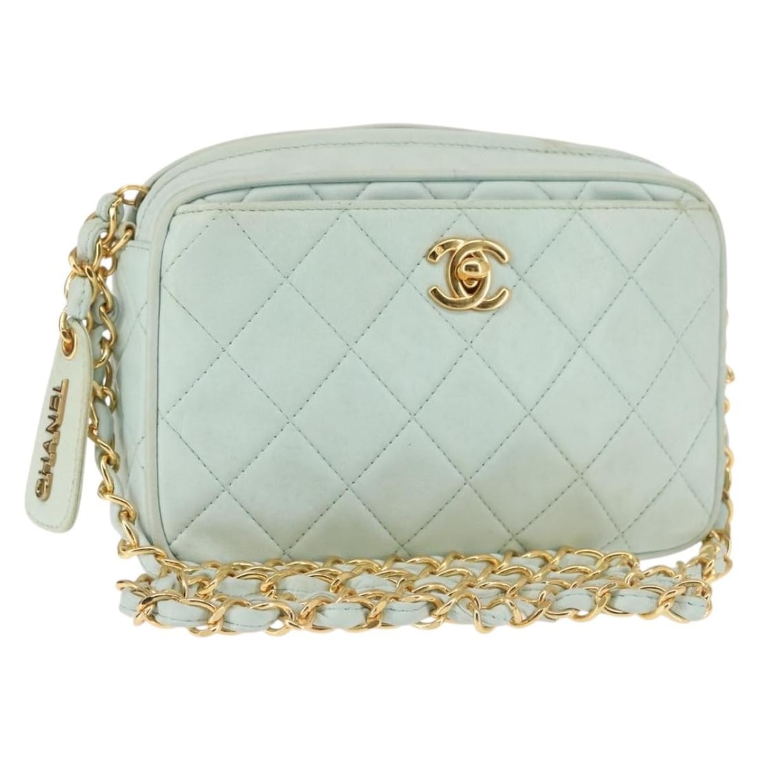 CHANEL Matelasse Lamb Skin Shoulder Bag Light Blue Gold Tone: CHANEL Matelasse Lamb Skin Shoulder Bag Light Blue Gold Tone Chanel Matelasse chain shoulder bag in light blue lamb skin with gold-tone CC detailing. Made in Italy, this women's shoulder bag includes 