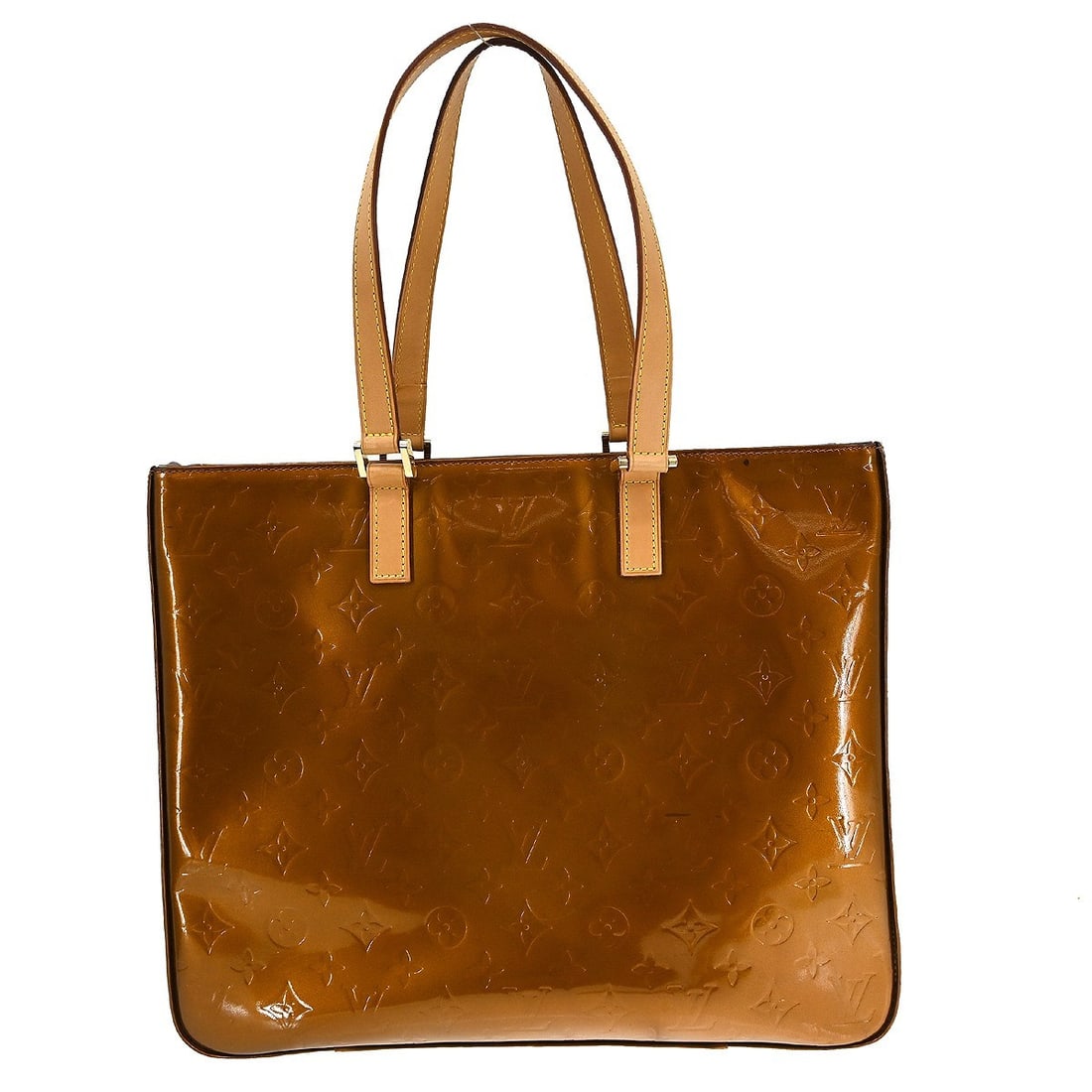Louis Vuitton Columbus Bronze Monogram Vernis Tote M91134: Louis Vuitton Columbus Bronze Monogram Vernis Tote M91134 Vintage Louis Vuitton Columbus tote handbag in bronze Monogram Vernis patent leather with beige double handles and a zip closure. This medium 