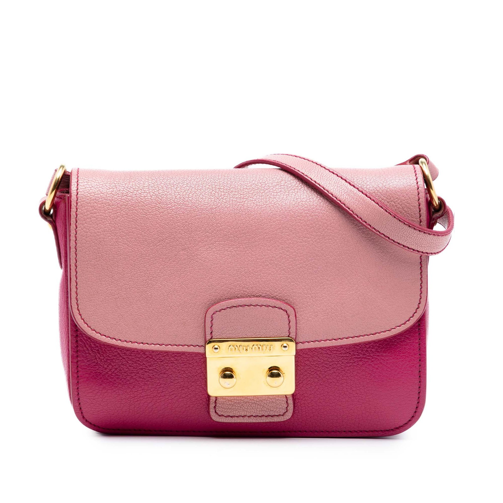 Miu Miu pink goatskin Madras flap crossbody bag: Miu Miu pink goatskin Madras flap crossbody bag This Miu Miu Bicolor Goatskin Madras Crossbody bag is crafted from goatskin leather and features a flat leather strap, a front flap with a push lock clo