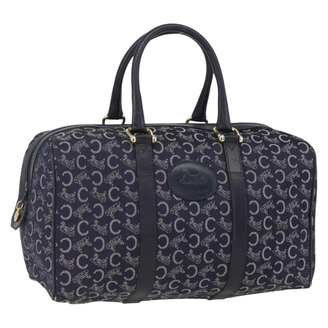 Celine Macadam Navy Canvas Handbag with Gold Accents Made in Italy: Celine Macadam Navy Canvas Handbag with Gold Accents Made in Italy This CELINE C Macadam Canvas handbag features a navy and gold color scheme and is crafted from canvas with the signature Macadam patt