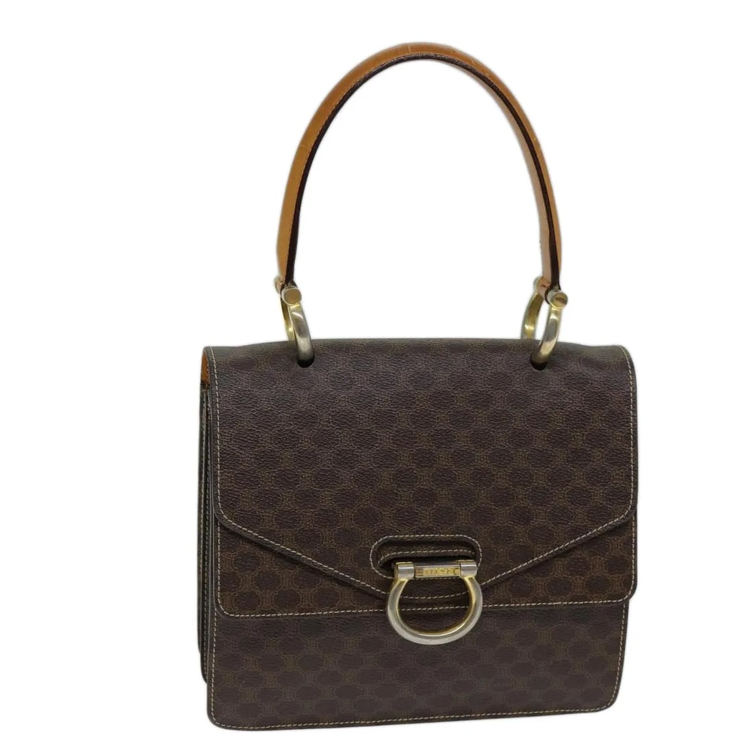 Celine Macadam Brown Canvas Handbag with Leather Accents: Celine Macadam Brown Canvas Handbag with Leather Accents This Celine Macadam handbag features the signature Macadam pattern on brown canvas with leather accents. Designed for women, it offers a classi