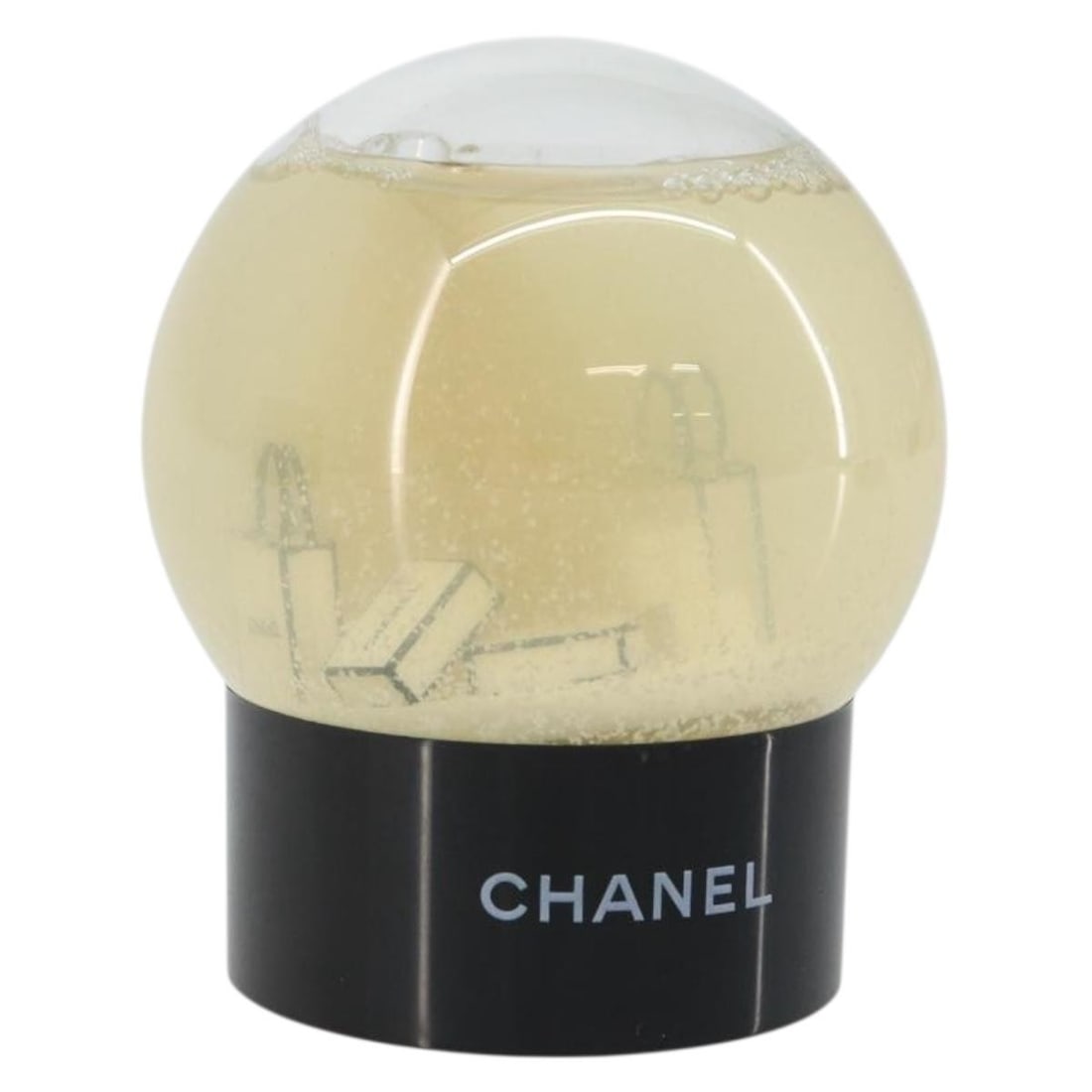 CHANEL Clear Glass Snow Globe with Box BA6546: CHANEL Clear Glass Snow Globe with Box BA6546 Clear glass snow globe novelty item with CC branding. This heavily used piece shows rubbing and stains on the surface and includes its item box. Specifica