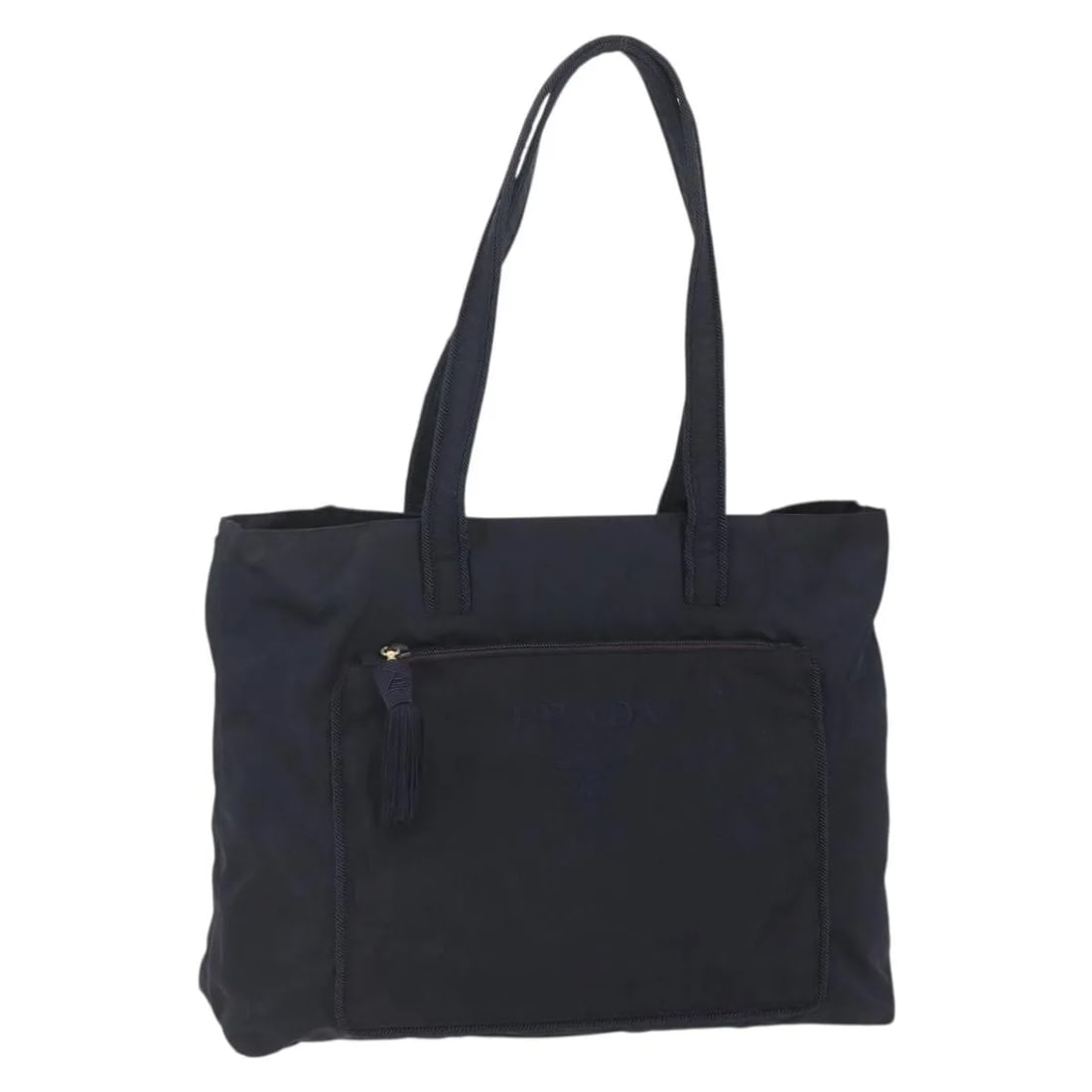 Prada Black Nylon Front Pocket Zip Tote Bag 40cm x 32cm: Prada Black Nylon Front Pocket Zip Tote Bag 40cm x 32cm This Prada Front Pocket Zip Tote is crafted from black nylon and designed for women. Featuring a spacious interior and a convenient front zip po