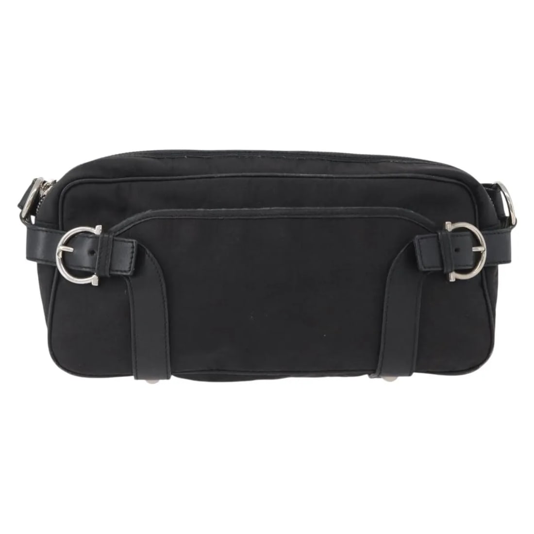 Black Canvas Shoulder Bag Salvatore Ferragamo Gancini: Black Canvas Shoulder Bag Salvatore Ferragamo Gancini This Salvatore Ferragamo Gancini shoulder bag is crafted from black canvas and designed for women. The bag features the signature Gancini motif an