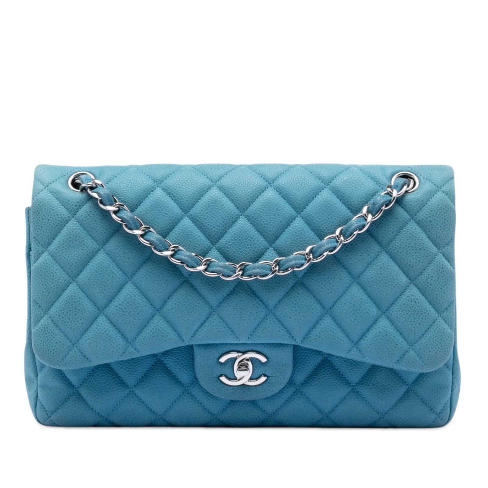 Chanel Jumbo Classic Double Flap Shoulder Bag Blue Caviar Leather: Chanel Jumbo Classic Double Flap Shoulder Bag Blue Caviar Leather Chanel Jumbo Classic Caviar Double Flap shoulder bag in blue quilted caviar leather. This bag features leather-woven chain straps, a d