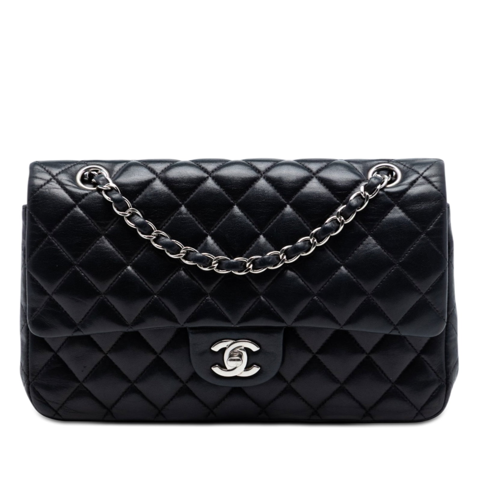 Chanel black lambskin medium classic flap shoulder bag: Chanel black lambskin medium classic flap shoulder bag This Chanel Medium Classic Double Flap shoulder bag is crafted from quilted lambskin leather in black and features leather-woven chain straps. Th