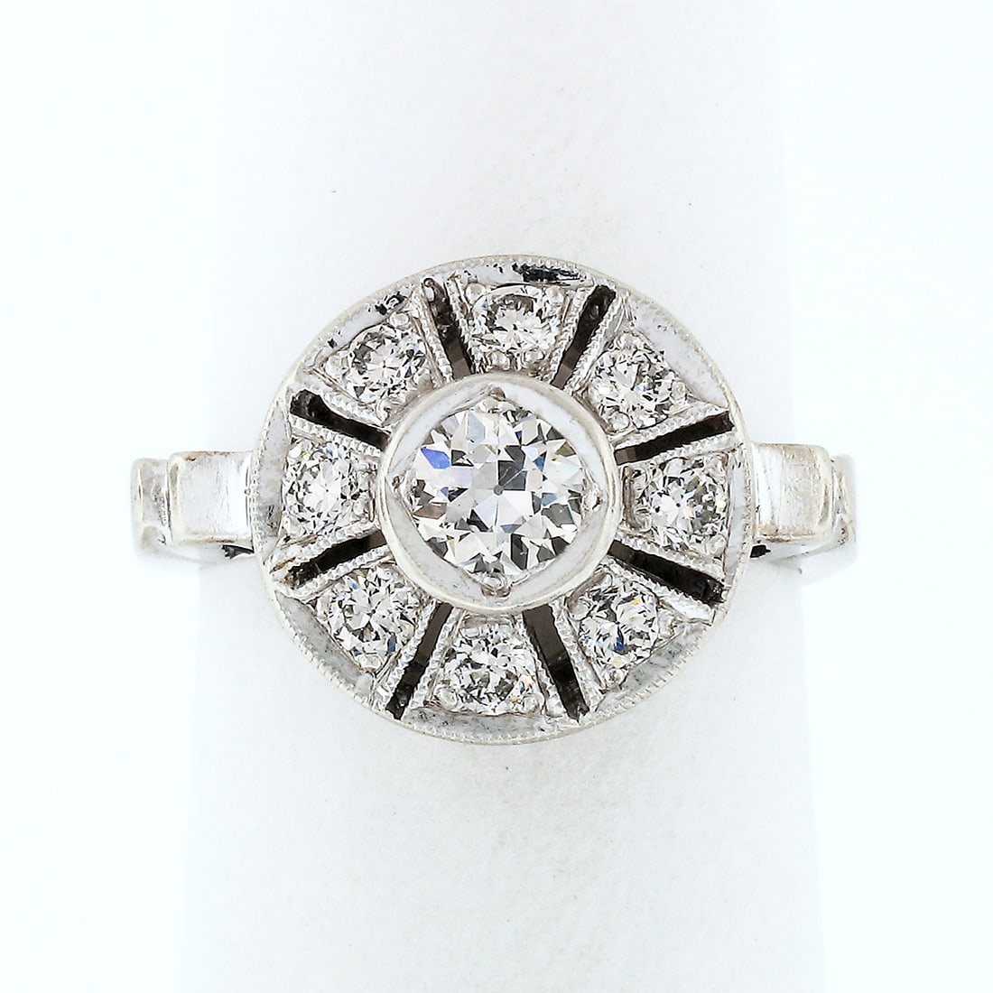 Art Deco 14k White Gold Diamond Platter Ring Old European Cut: Art Deco 14k White Gold Diamond Platter Ring Old European Cut Antique Art Deco platter ring crafted in solid 14k white gold, featuring a round openwork design with milgrain detailing. The ring is set 