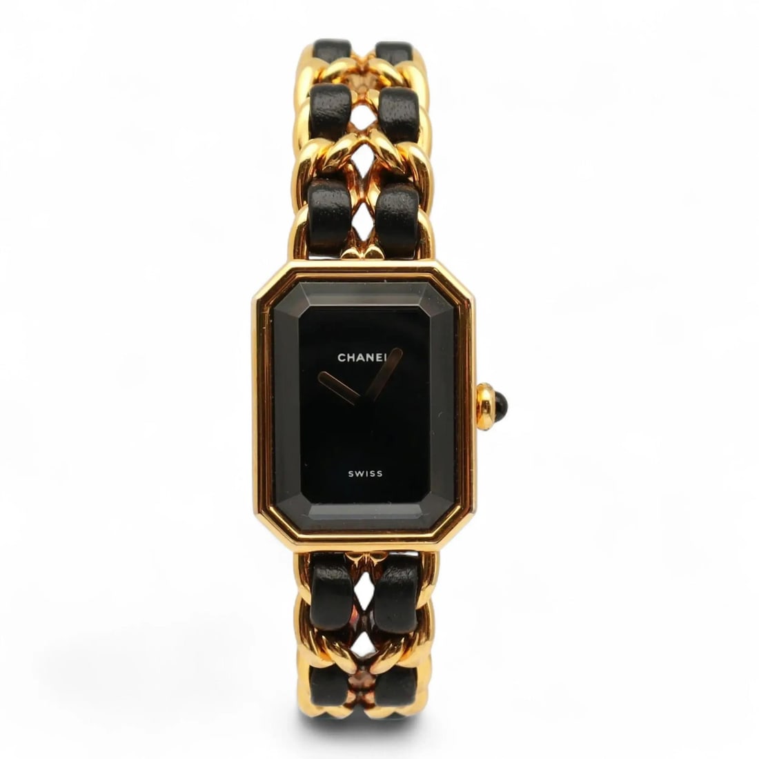Chanel Premiere Quartz Gold Plated Black Dial Ladies Watch: Chanel Premiere Quartz Gold Plated Black Dial Ladies Watch This CHANEL Premiere ladies wristwatch features a yellow gold-plated case and bracelet, paired with a sleek black dial. Designed in Switzerla
