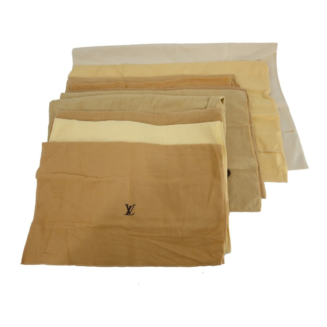 Set of 10 Louis Vuitton cotton dust bags in brown beige: Set of 10 Louis Vuitton cotton dust bags in brown beige Set of 10 Louis Vuitton dust bags in brown and beige, made from 100% cotton. These unisex dust bags show overall signs of use with reasonable we