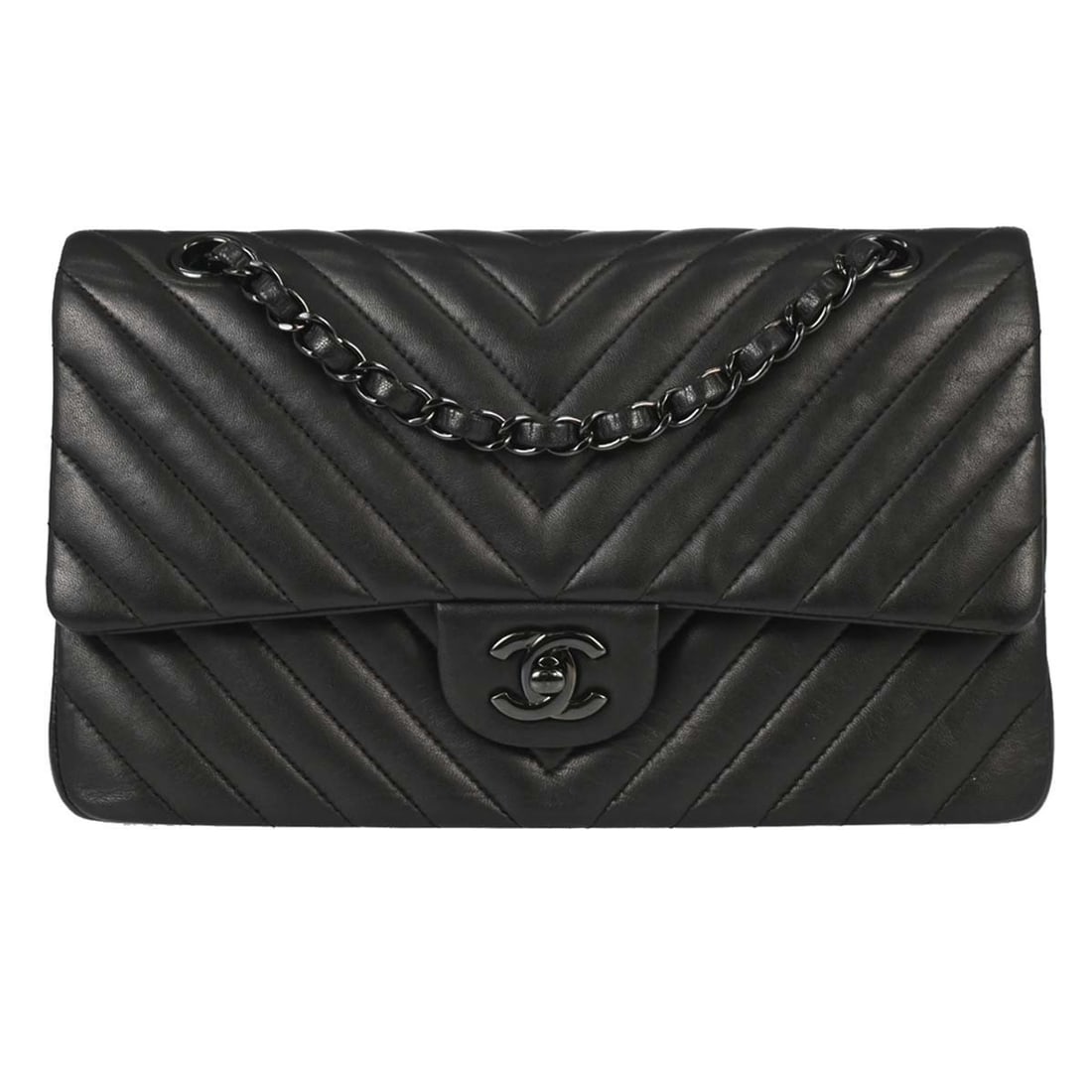 CHANEL Classic Double Flap Medium Shoulder Bag Black Lambskin Chevron (1 of 15)