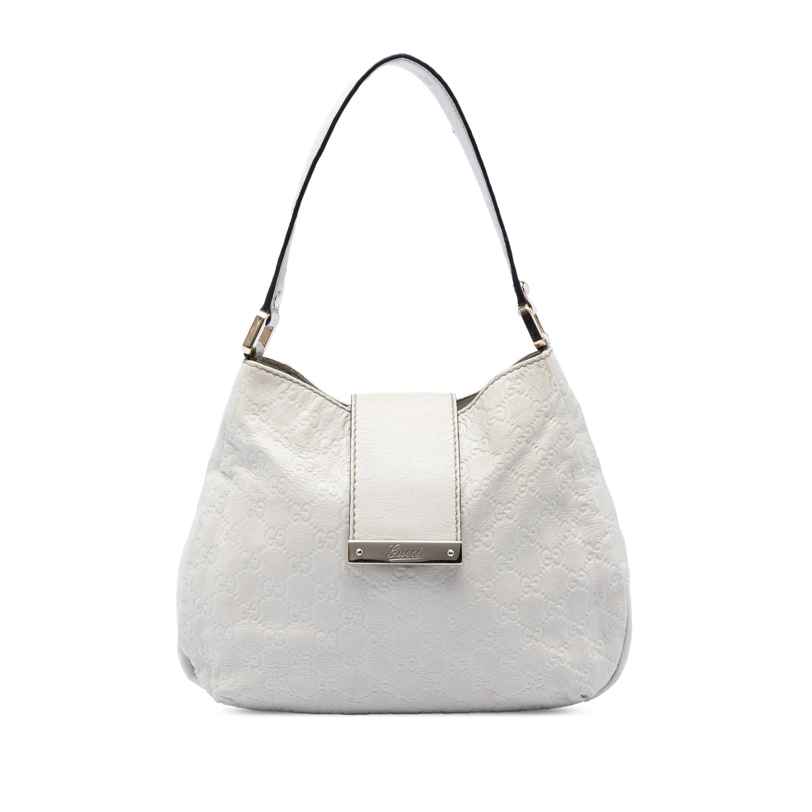 Gucci Medium Guccissima Leather Hobo Bag White: Gucci Medium Guccissima Leather Hobo Bag White Medium Guccissima New Ladies Hobo bag in white embossed leather. This hobo-style bag features a flat leather strap, an open top with a top strap and magn