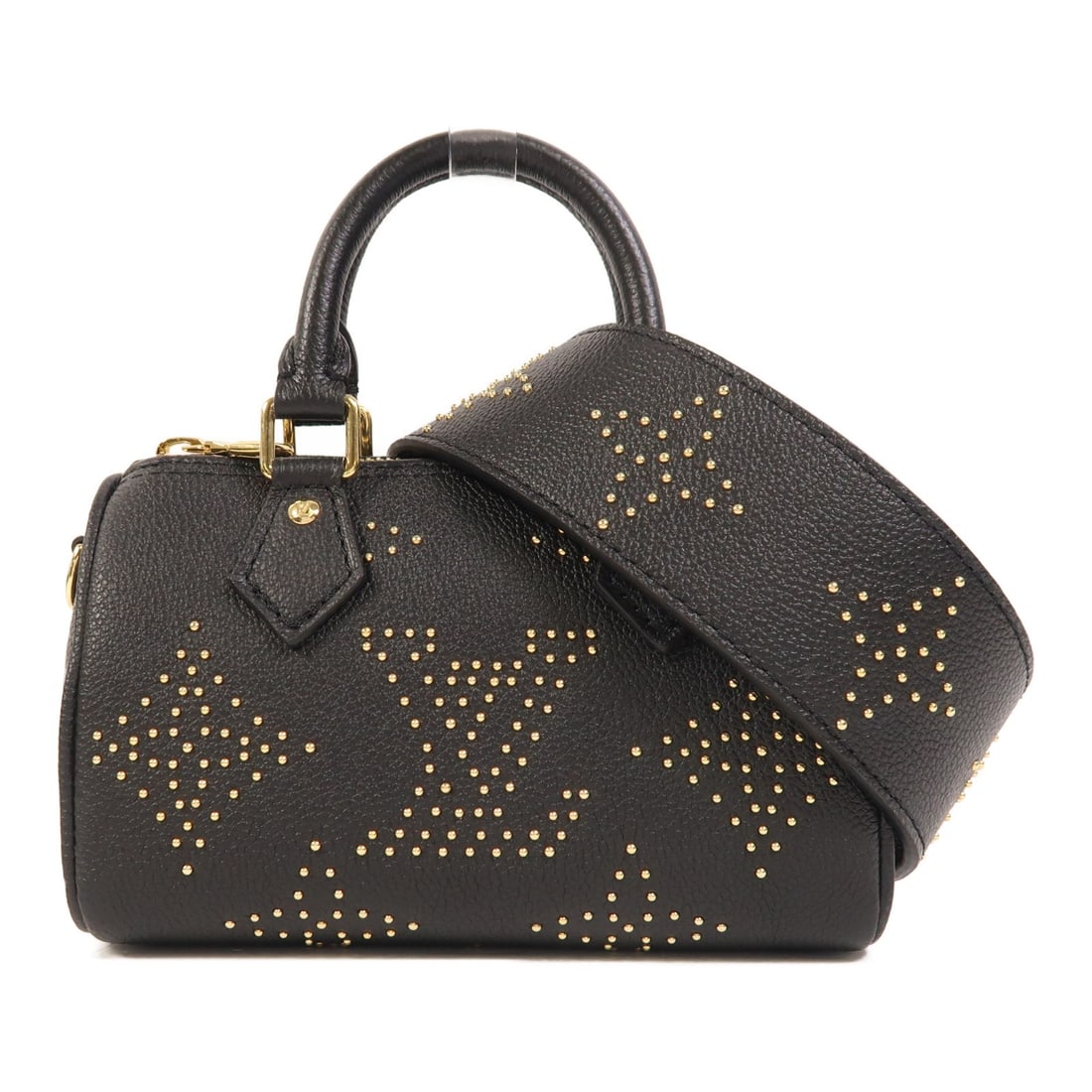 Louis Vuitton Nano Speedy Black Calfskin 2-Way Shoulder Bag M46745 GHW: Louis Vuitton Nano Speedy Black Calfskin 2-Way Shoulder Bag M46745 GHW This Louis Vuitton Nano Speedy 2-way shoulder bag features black monogram empreinte calfskin leather and gold tone hardware. It o