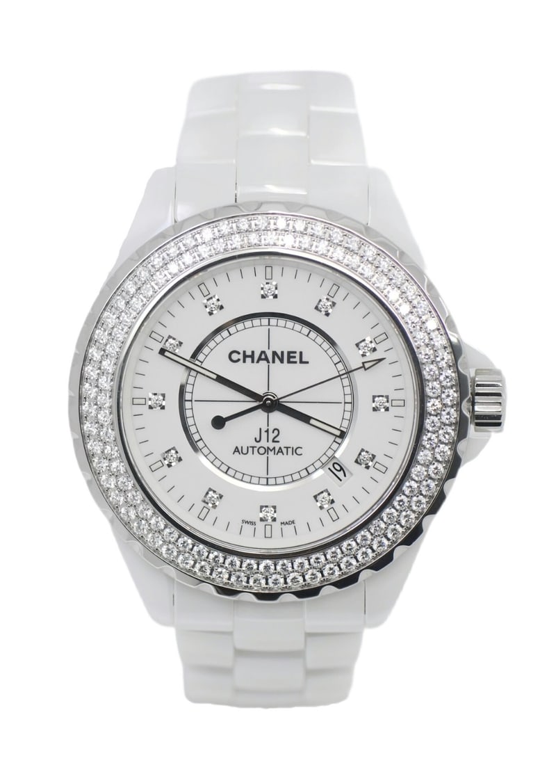 White Ceramic Chanel J12 H2013 Automatic Watch with Diamond Bezel 42mm: White Ceramic Chanel J12 H2013 Automatic Watch with Diamond Bezel 42mm This CHANEL J12 Diamond White Ceramic Watch, reference H2013, features a 42mm white ceramic case complemented by a matching white