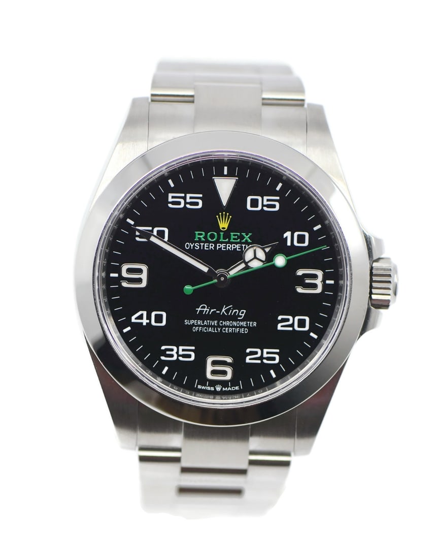 Rolex Air-King 126900 stainless steel automatic wristwatch: Rolex Air-King 126900 stainless steel automatic wristwatch Pre-owned Rolex Air-King wristwatch with a stainless steel case and bracelet, featuring a black analog dial with Arabic numerals and a smooth