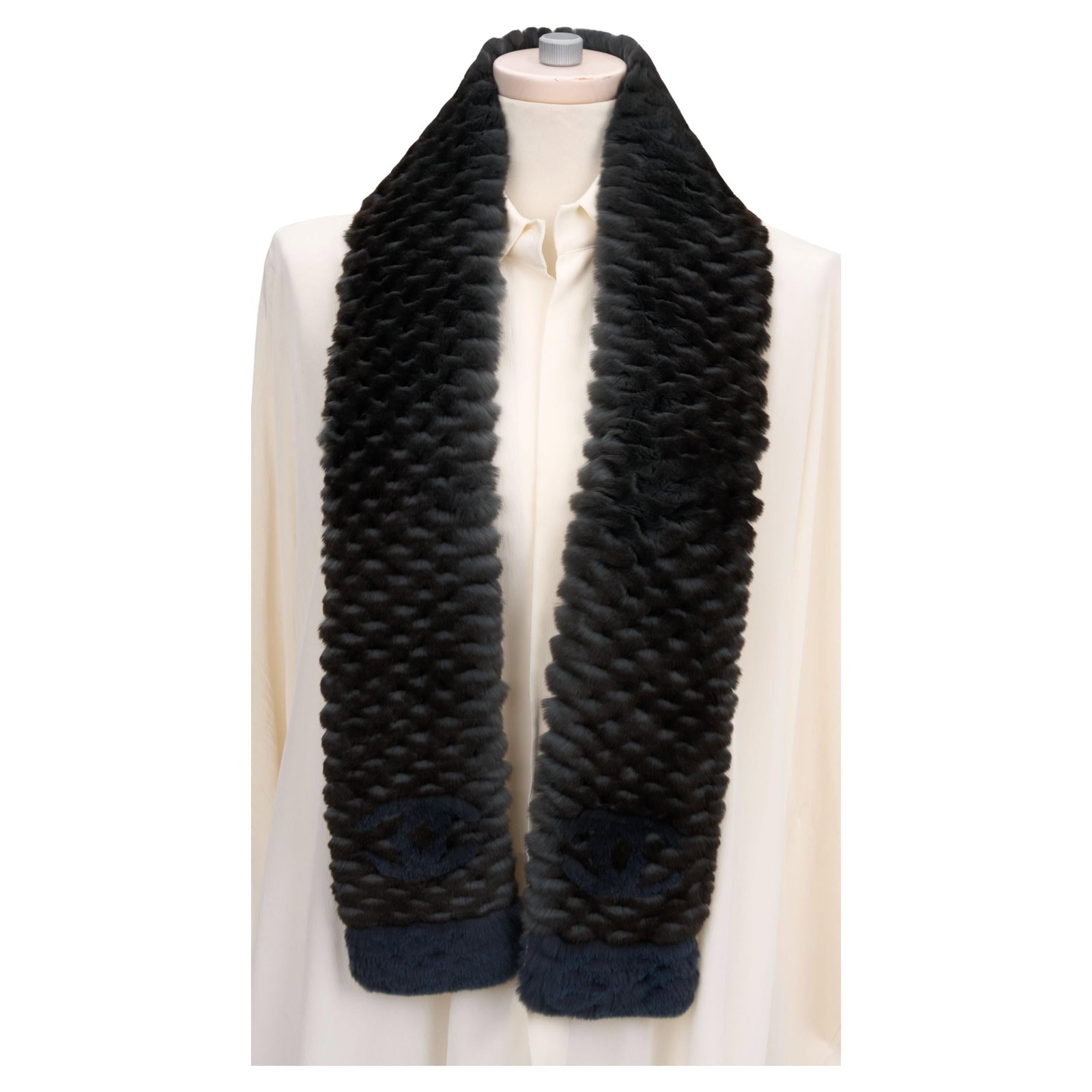 Chanel Orylag Fur Two-Tone Logo Scarf Italy 57in: Chanel Orylag Fur Two-Tone Logo Scarf Italy 57in Introducing the Chanel Orylag Fur Two-Tone Logo Scarf, a luxurious accessory that embodies sophistication and elegance. Crafted in Italy, this scarf fe