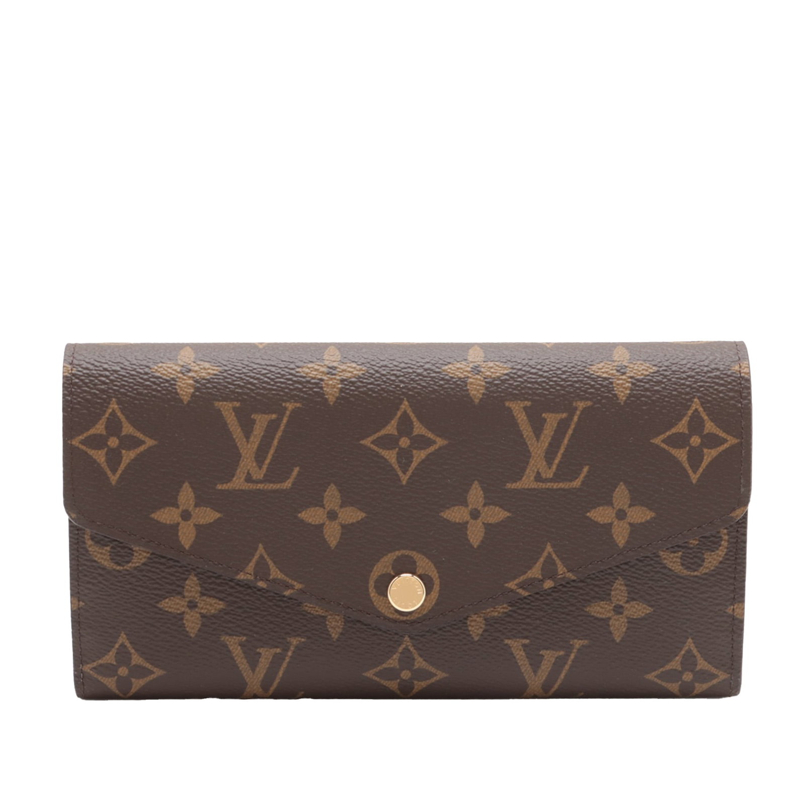 Louis Vuitton Brown Monogram Canvas Sarah Wallet with Flap Closure: Louis Vuitton Brown Monogram Canvas Sarah Wallet with Flap Closure The Louis Vuitton Monogram Sarah Wallet features a monogram canvas exterior with a front flap and button clasp closure. It includes a
