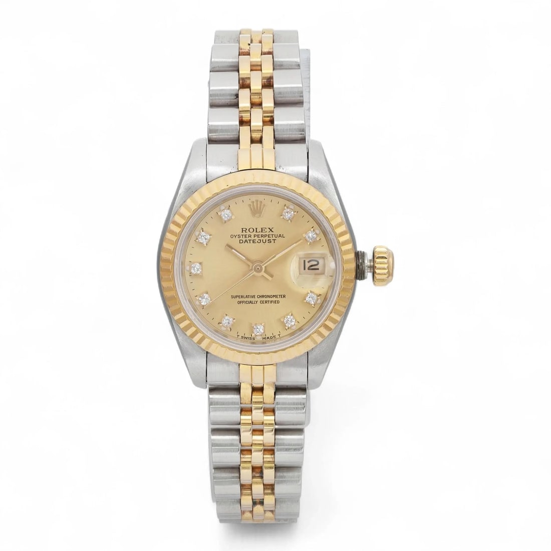 Rolex Women's Datejust 69173G 26mm Diamond Dial Two-Tone Automatic Watch: Rolex Women's Datejust 69173G 26mm Diamond Dial Two-Tone Automatic Watch This Rolex Datejust wristwatch for women features a 26mm stainless steel case with an 18K yellow gold fluted bezel. The champag
