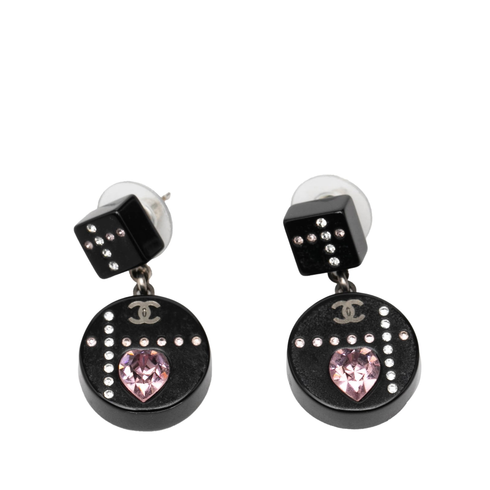 Chanel Dice Motif Crystal Heart Drop Resin Earrings (1 of 4)