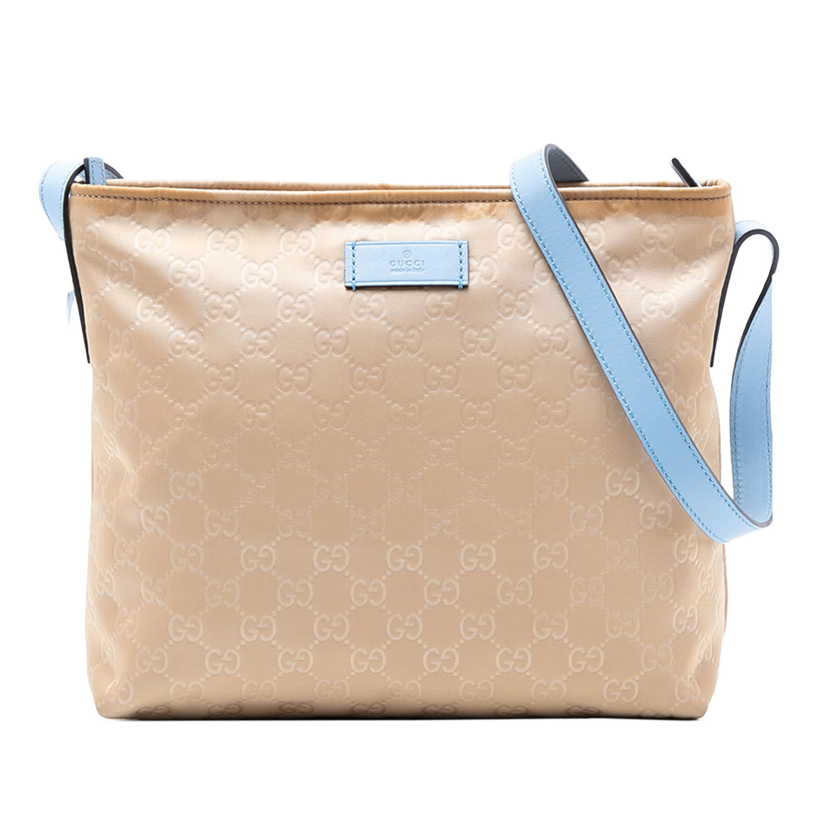 Gucci GG Nylon Beige Crossbody Bag with Leather Strap: Gucci GG Nylon Beige Crossbody Bag with Leather Strap This Gucci GG Nylon Crossbody bag features a beige nylon body with an adjustable flat leather strap, a top zip closure, and interior zip and slip 