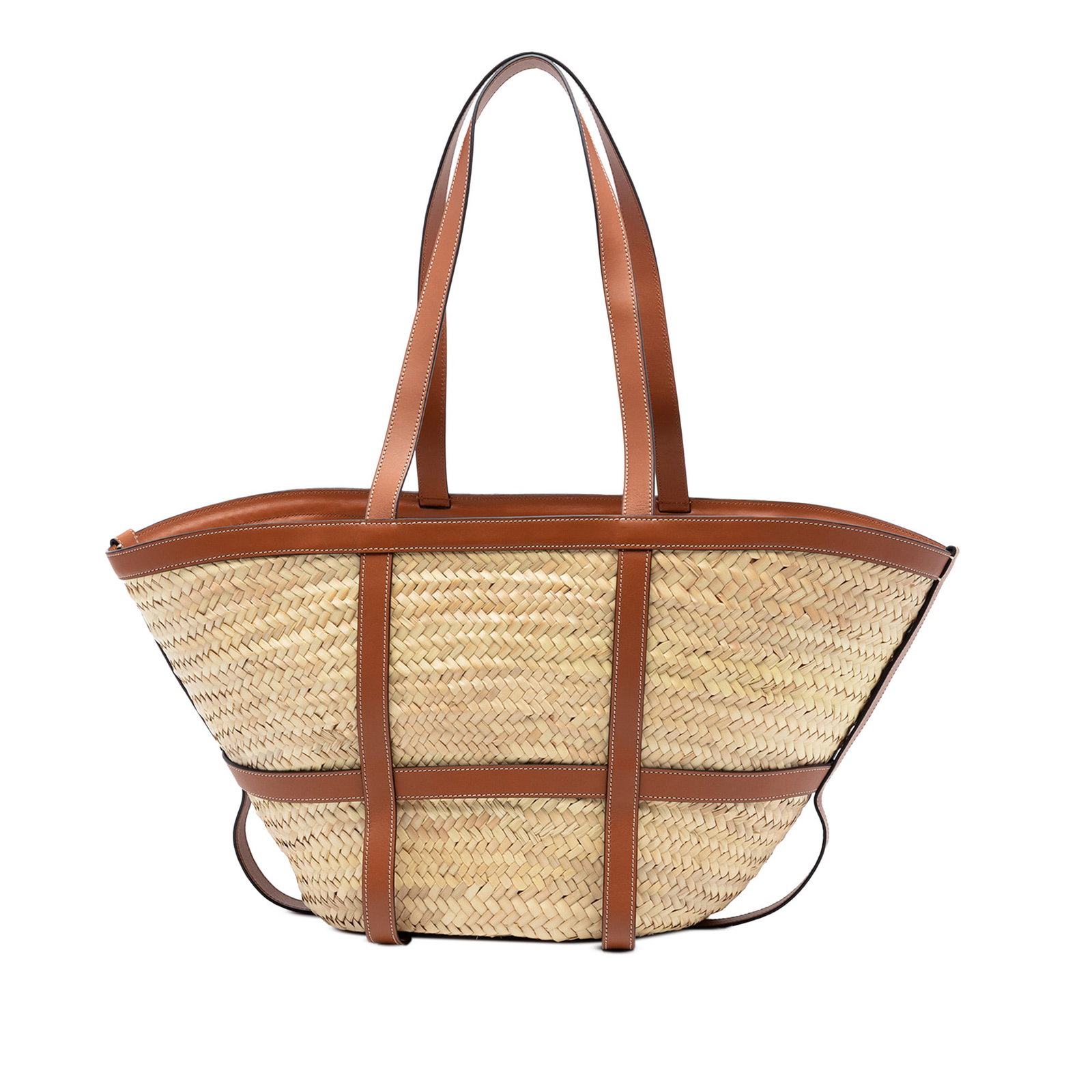 Celine Panier Tote in Raffia with Leather Trim: Celine Panier Tote in Raffia with Leather Trim This Celine Medium Raffia Gridded Classic Panier Tote showcases a woven raffia body complemented by leather trim and flat leather shoulder straps. The ba