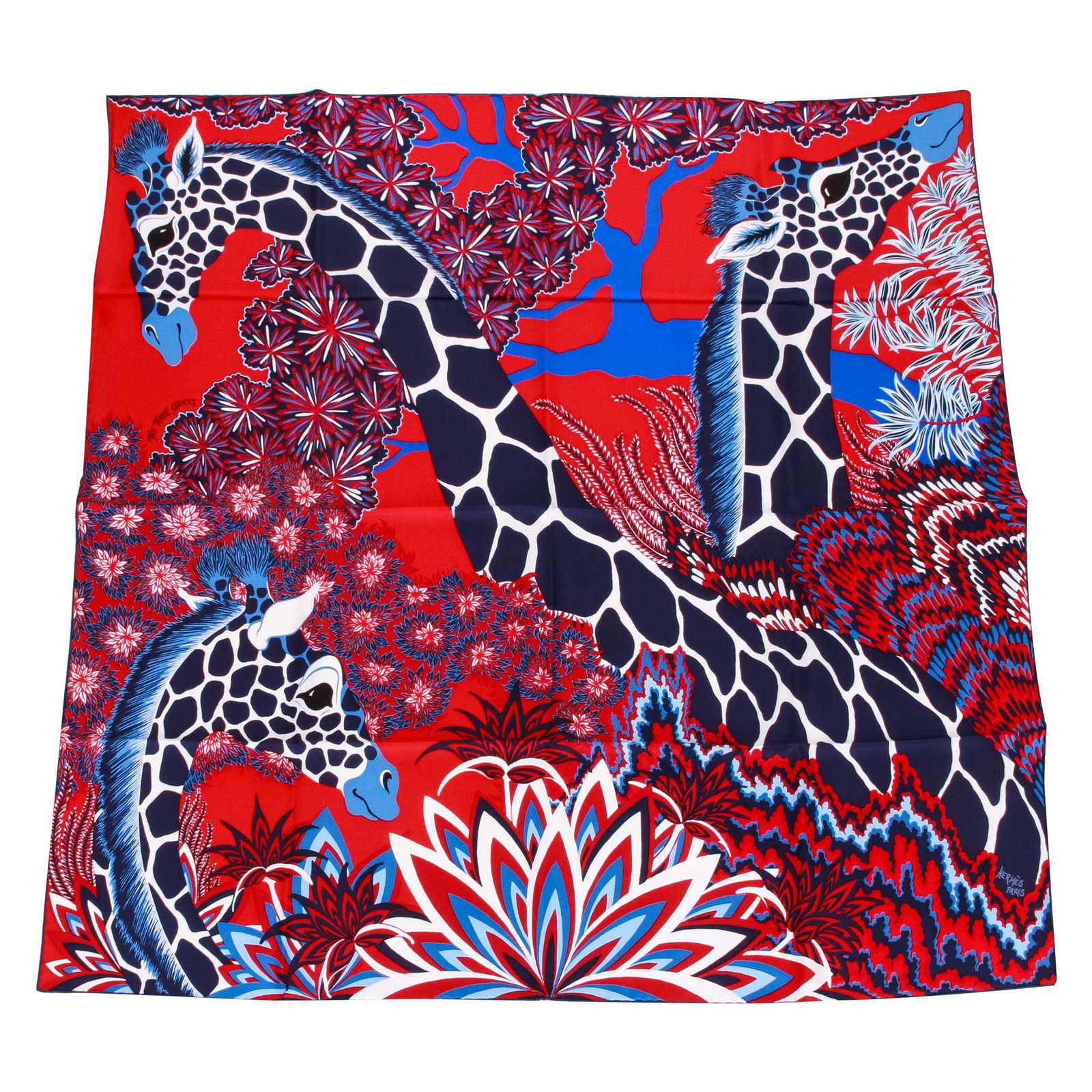 Hermes Three Giraffes Silk Scarf Blue Red with Box (1 of 4)