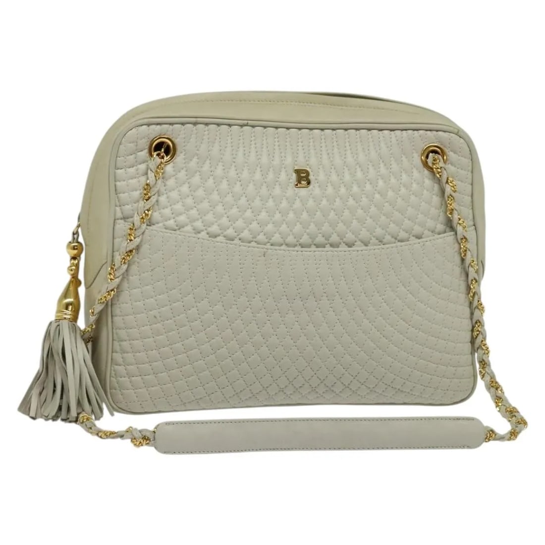 Bally Vintage Chain Shoulder Bag Ecru Quilted Leather: Bally Vintage Chain Shoulder Bag Ecru Quilted Leather This vintage Bally chain shoulder bag for women features a quilted leather exterior in ecru color. The bag measures 27cm x 21cm x 8cm and is craft