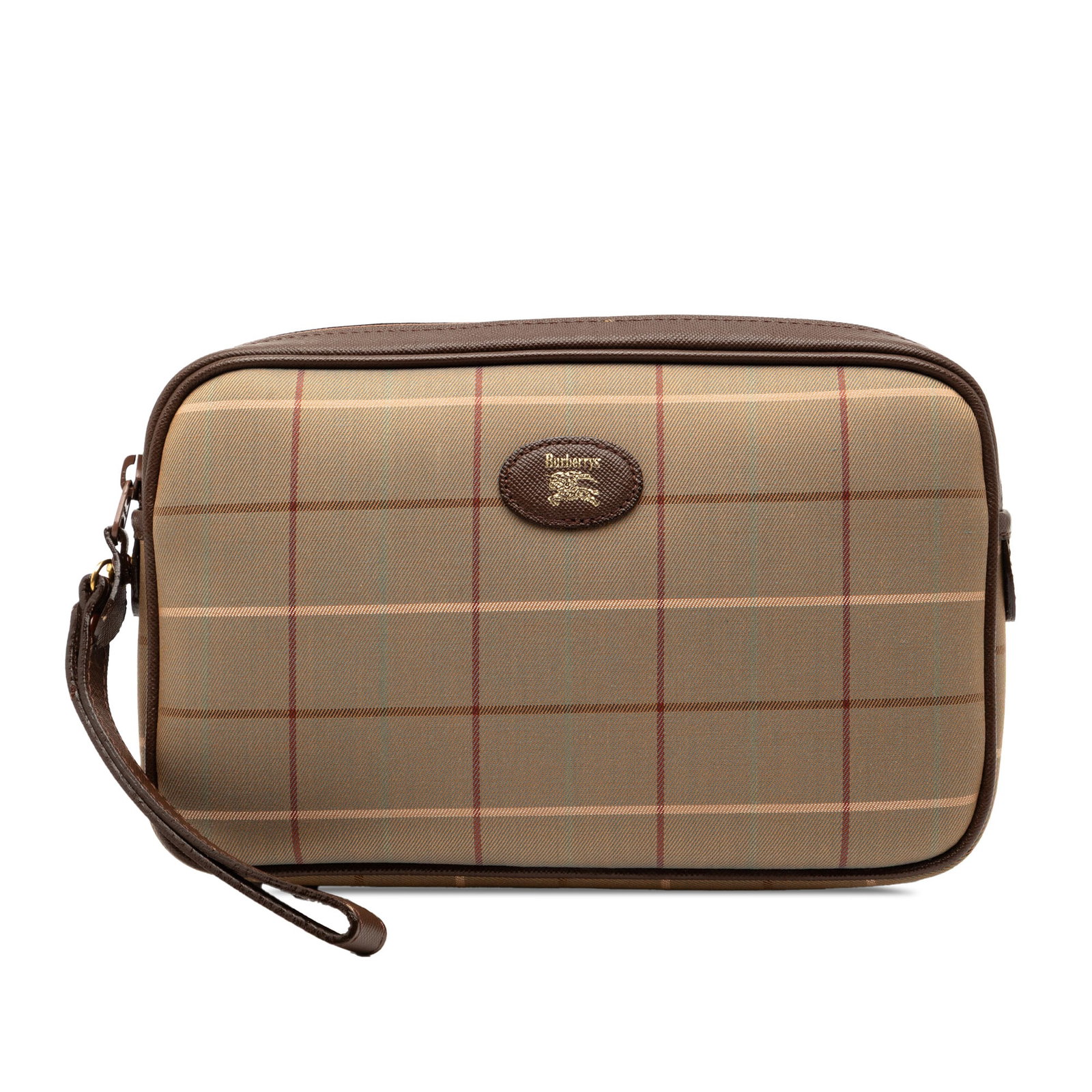 Burberry Canvas Wristlet Bag with Vintage Check and Leather Trim: Burberry Canvas Wristlet Bag with Vintage Check and Leather Trim This Burberry clutch features the signature vintage check canvas with leather trim, a flat leather wrist strap, a top zip closure, an e