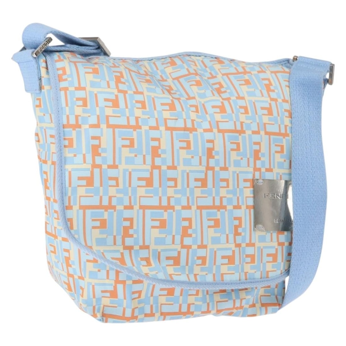 Fendi Nylon Light Blue and Silver Shoulder Bag Made in Italy: Fendi Nylon Light Blue and Silver Shoulder Bag Made in Italy This FENDI shoulder bag features a light blue and silver nylon exterior, offering a stylish and contemporary look. The bag is crafted in It