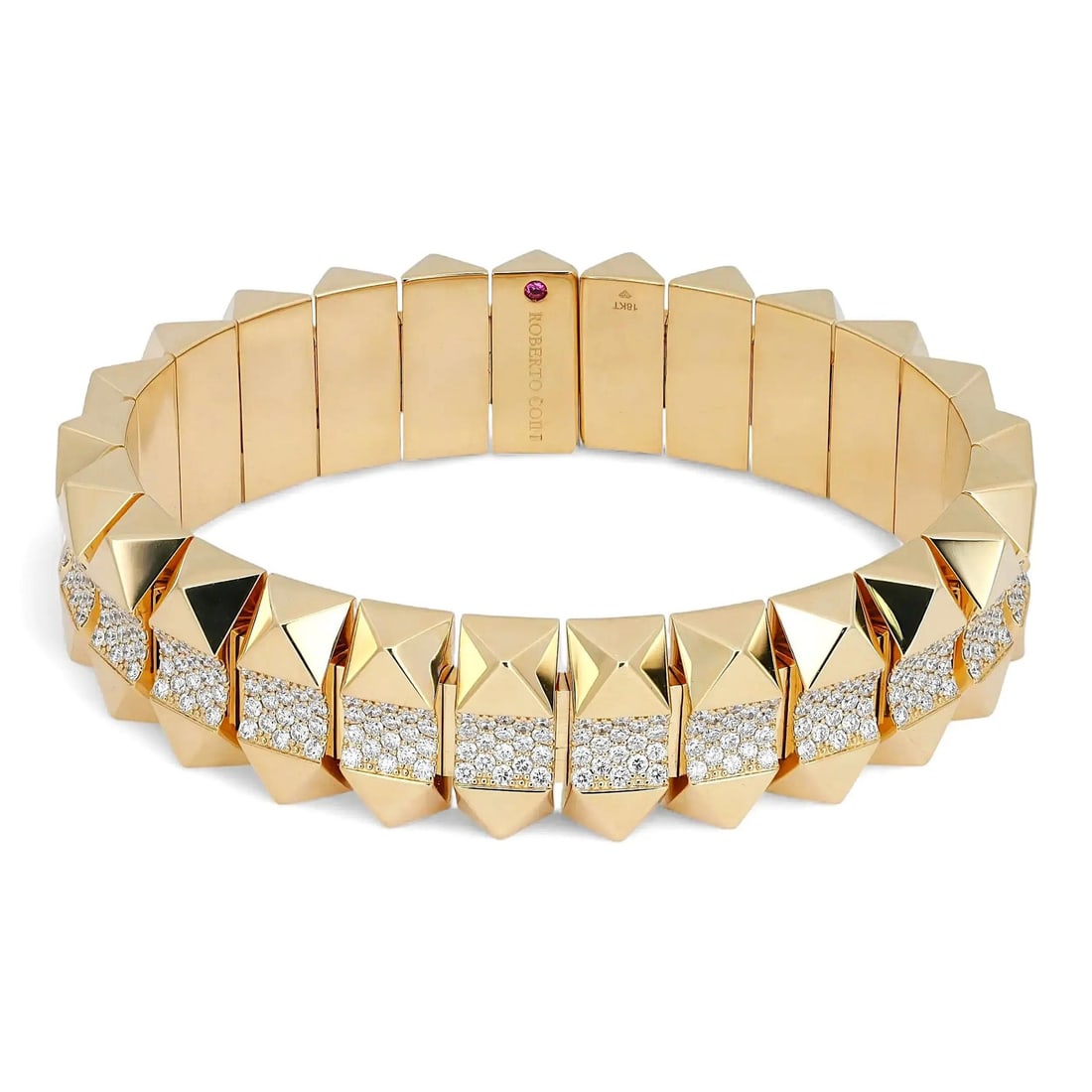 Roberto Coin Obelisco 18K Yellow Gold Diamond Bangle Bracelet: Roberto Coin Obelisco 18K Yellow Gold Diamond Bangle Bracelet This Roberto Coin Obelisco bangle bracelet is expertly crafted in 18K yellow gold and features a sophisticated studded silhouette motif. T