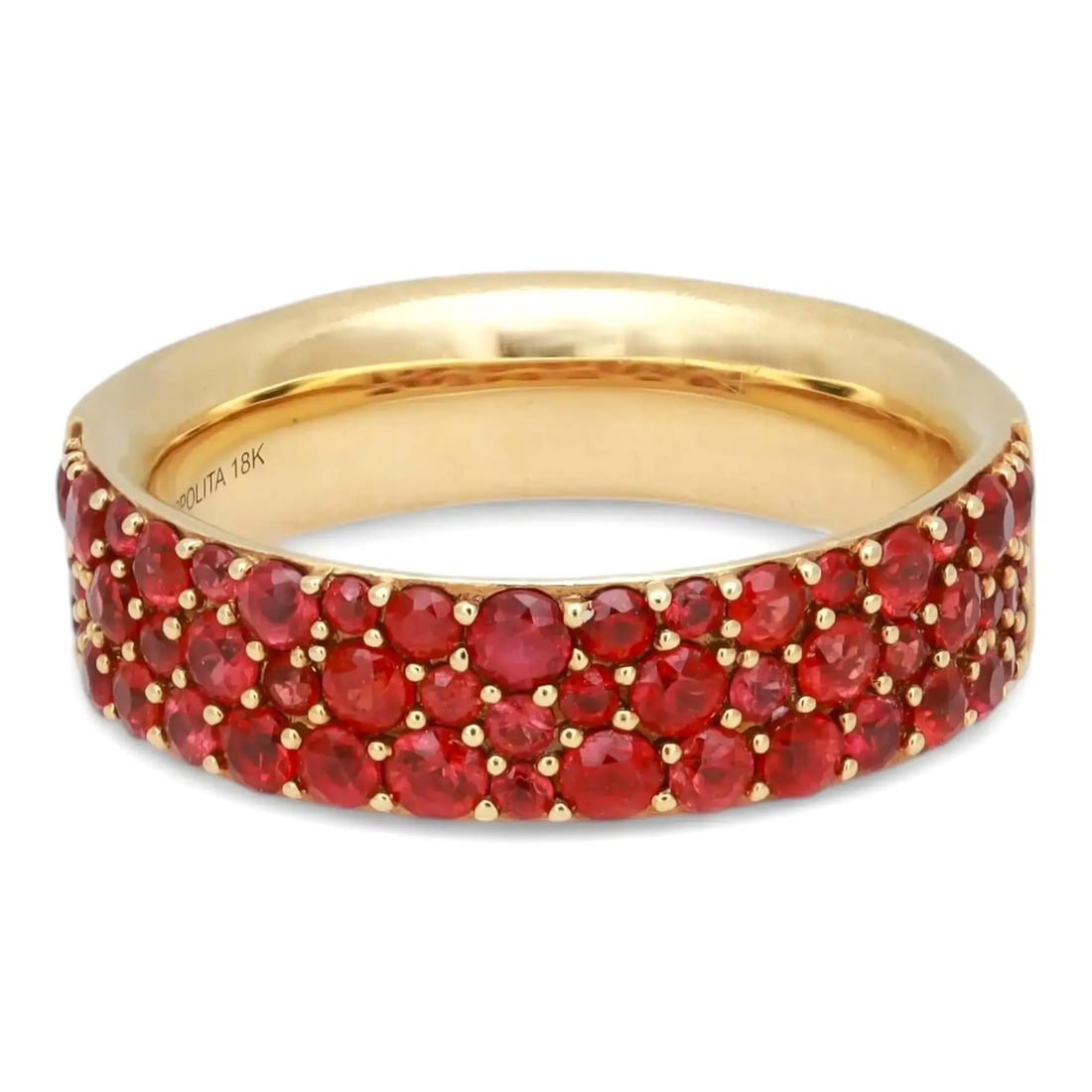 Three Row 18k Yellow Gold Band With Rubies and Sapphires by Ippolita: Three Row 18k Yellow Gold Band With Rubies and Sapphires by Ippolita This Ippolita ring is crafted from 18k yellow gold and features three rows of pave-set natural rubies and sapphires in a half etern