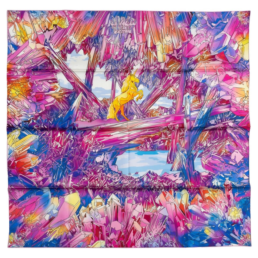 Hermes La Vallee de Cristal Silk Scarf with Box Ribbon: Hermes La Vallee de Cristal Silk Scarf with Box Ribbon Hermes "La Vallee de Cristal" scarf in a purple and pink color combination, crafted from 100% silk with hand-rolled edges. This 21st century piec