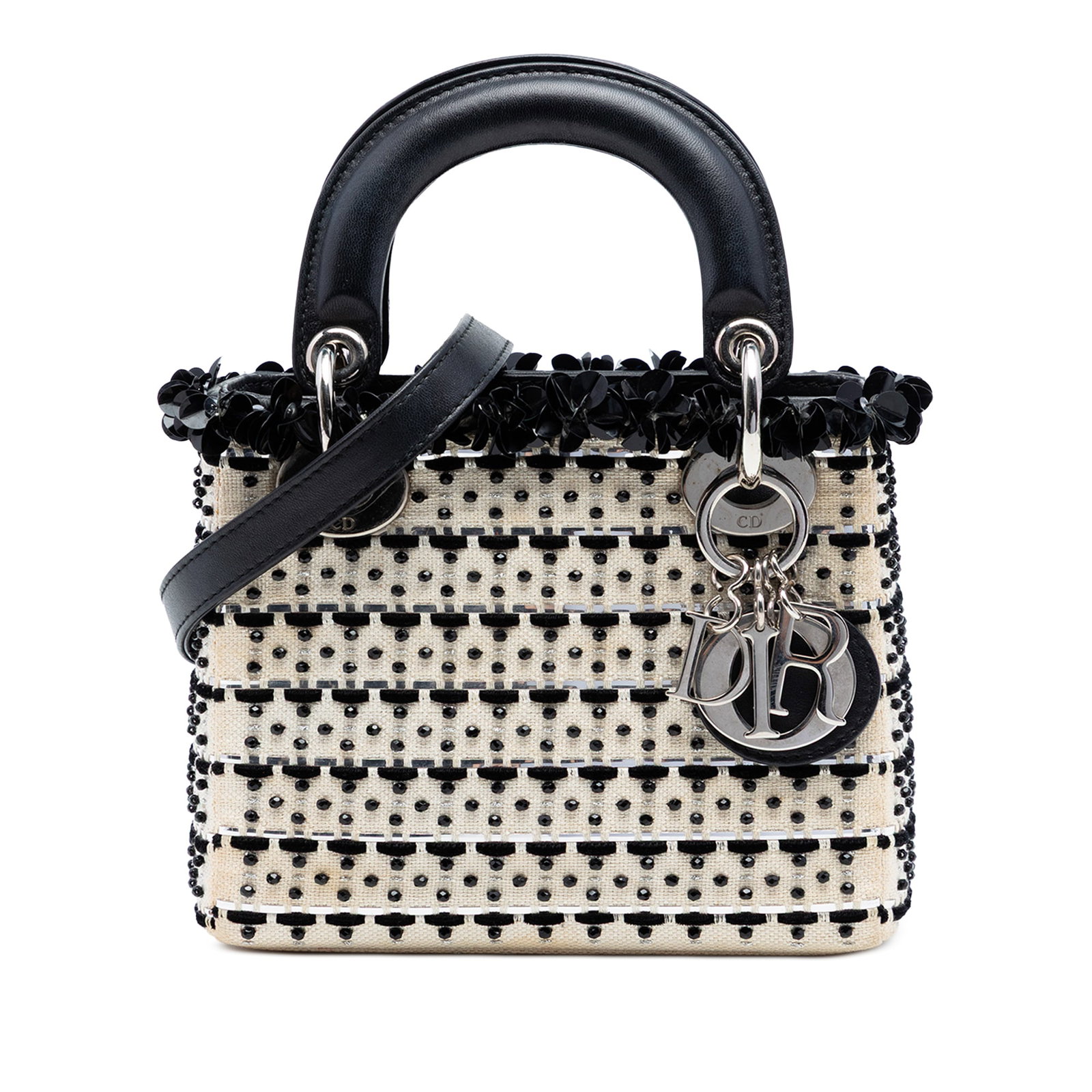 Dior Lady Dior Mini Bag in White Canvas with Bead Sequin Detail: Dior Lady Dior Mini Bag in White Canvas with Bead Sequin Detail Mini Lady Dior handbag in white canvas with bead and sequin embellishments. It features flat leather top handles, a detachable flat leat