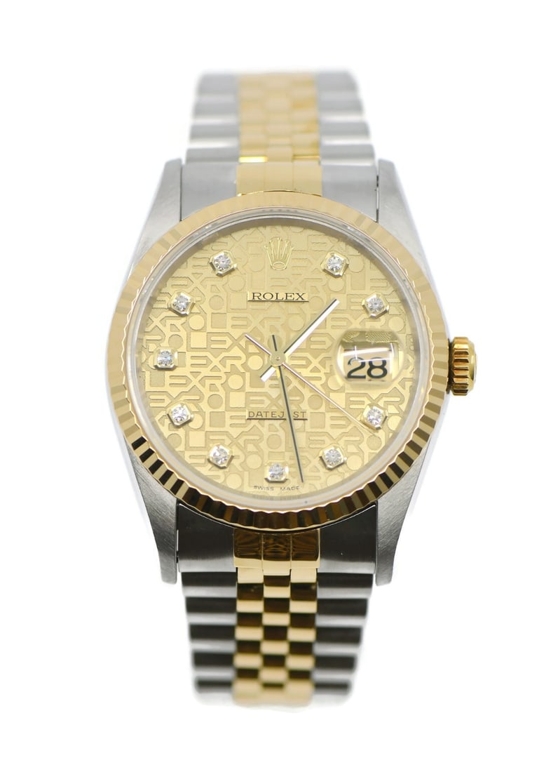 Rolex Datejust Ref 16233 Diamond Dial 18K Steel Wristwatch: Rolex Datejust Ref 16233 Diamond Dial 18K Steel Wristwatch Pre-owned Rolex Datejust reference 16233 wristwatch with a classic round case and automatic mechanical movement. This unisex watch features a