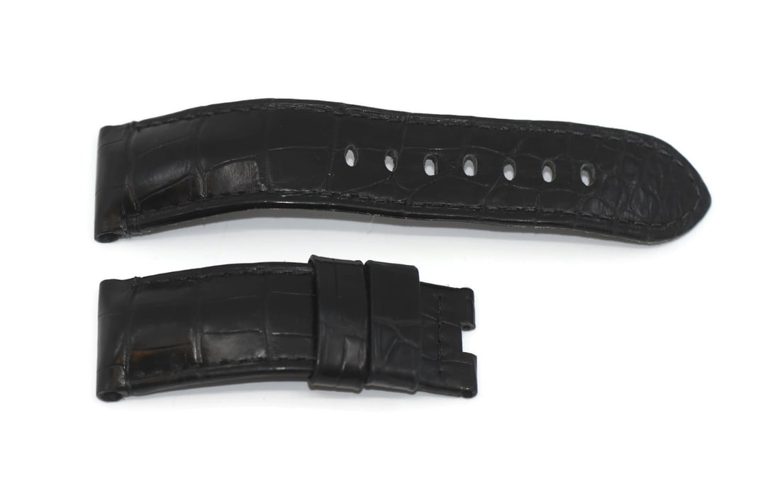 Panerai Authentic Black Leather Watch Strap 24mm: Panerai Authentic Black Leather Watch Strap 24mm This Panerai Black Leather Strap is designed specifically for wristwatches, featuring a width of 24mm and a tapered end measuring 22mm. The strap has a