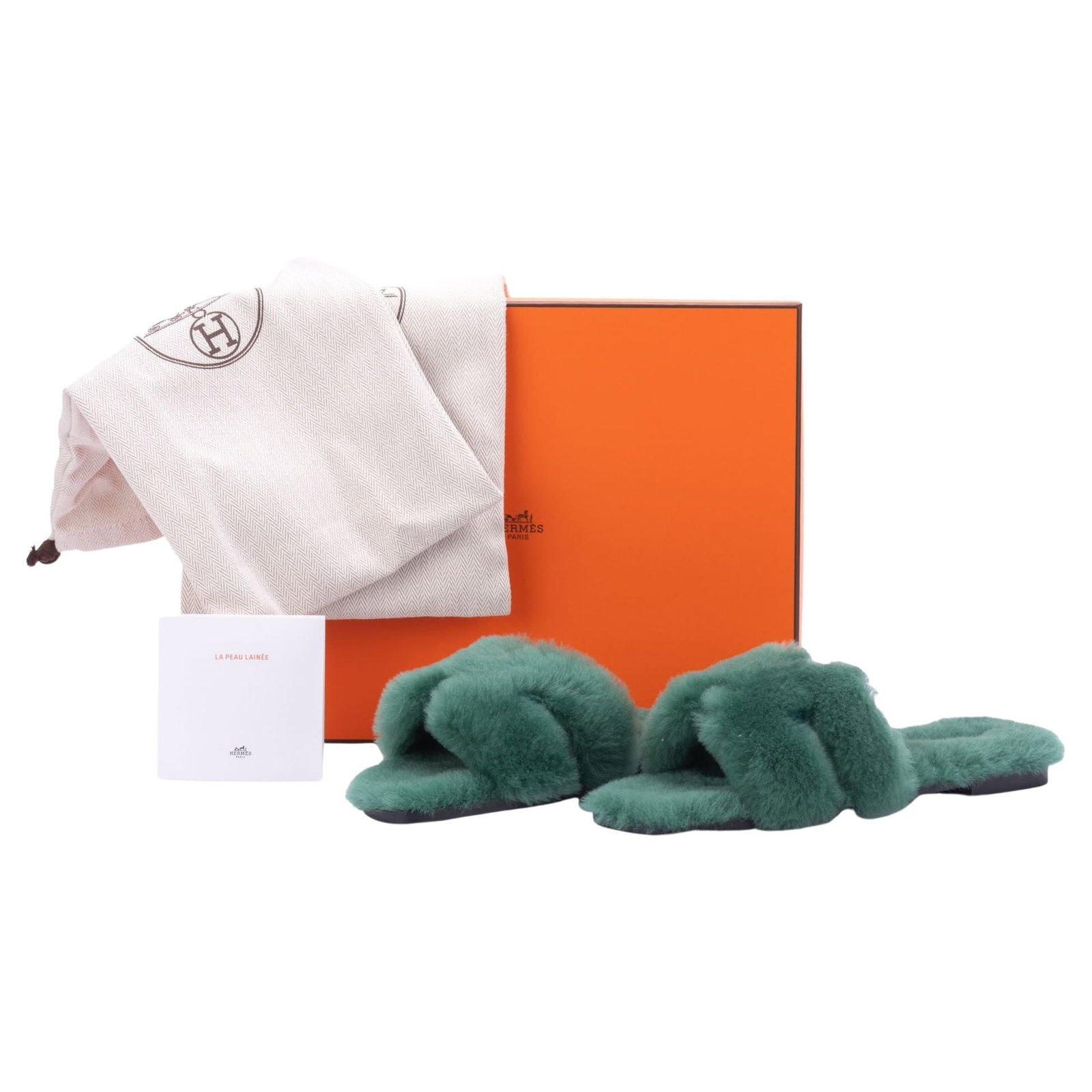 Hermes Oran Sandals Green Woolskin Size 7 US New (1 of 6)