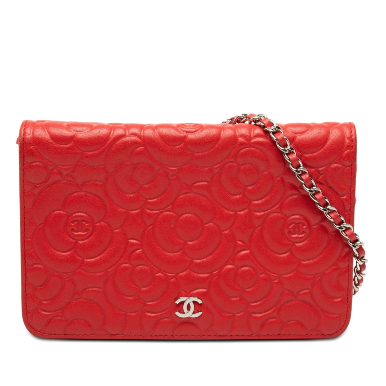 Chanel Camellia CC Lambskin Wallet on Chain Red: Chanel Camellia CC Lambskin Wallet on Chain Red This Chanel Wallet on Chain is crafted in red quilted lambskin leather with the CC embossed Camellia design. It features a leather-woven chain link stra