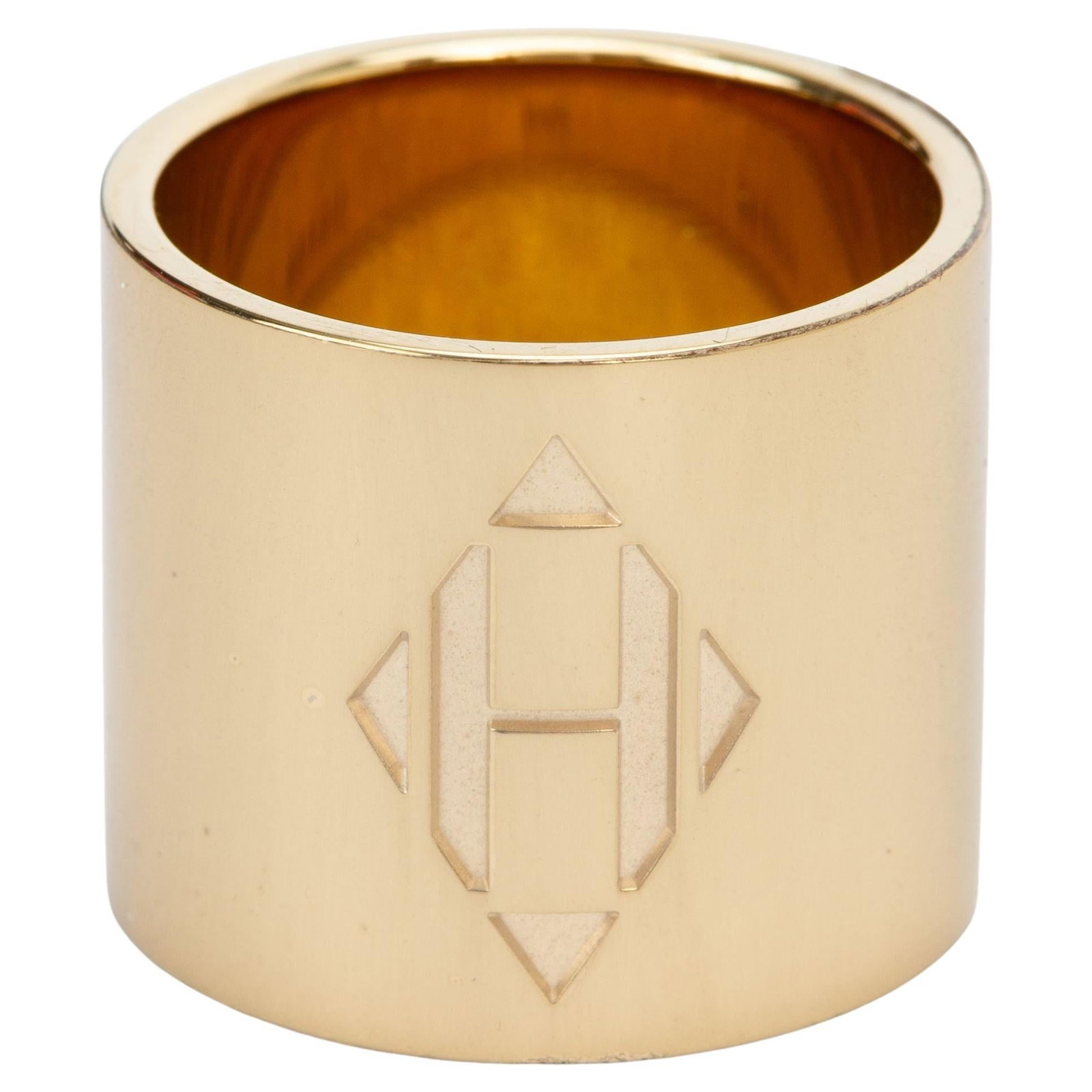 Hermes H Diamant scarf ring gold tone metal with box dust bag: Hermes H Diamant scarf ring gold tone metal with box dust bag Hermes H' Diamant' scarf ring in gold-tone metal with an engraved 'H' logo on the front. Designed to style scarves in multiple ways, it in