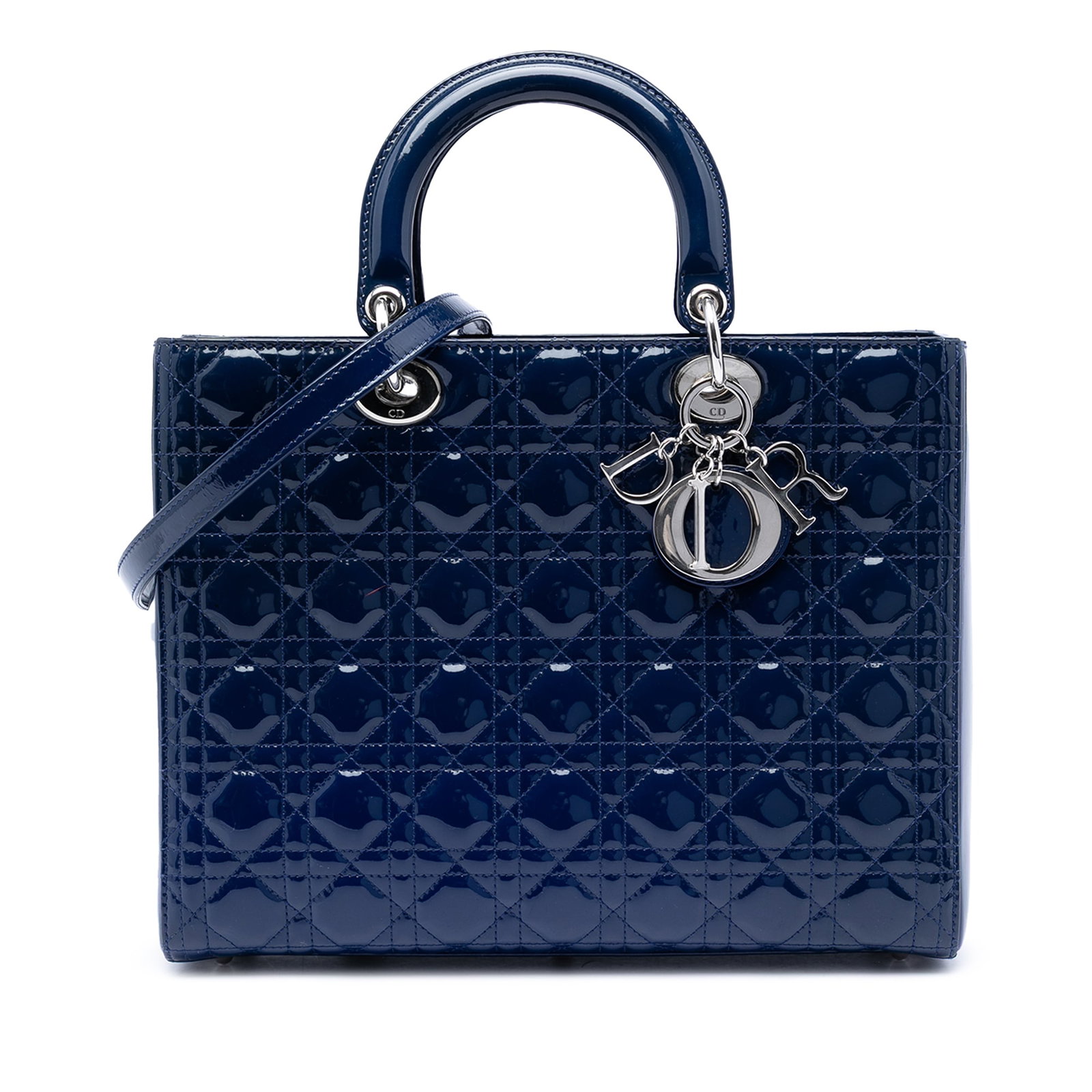Dior Large Cannage Patent Leather Lady Bag Blue: Dior Large Cannage Patent Leather Lady Bag Blue This Lady Dior handbag features a quilted patent leather exterior in blue, flat leather top handles, and a detachable flat strap. The bag is designed wi