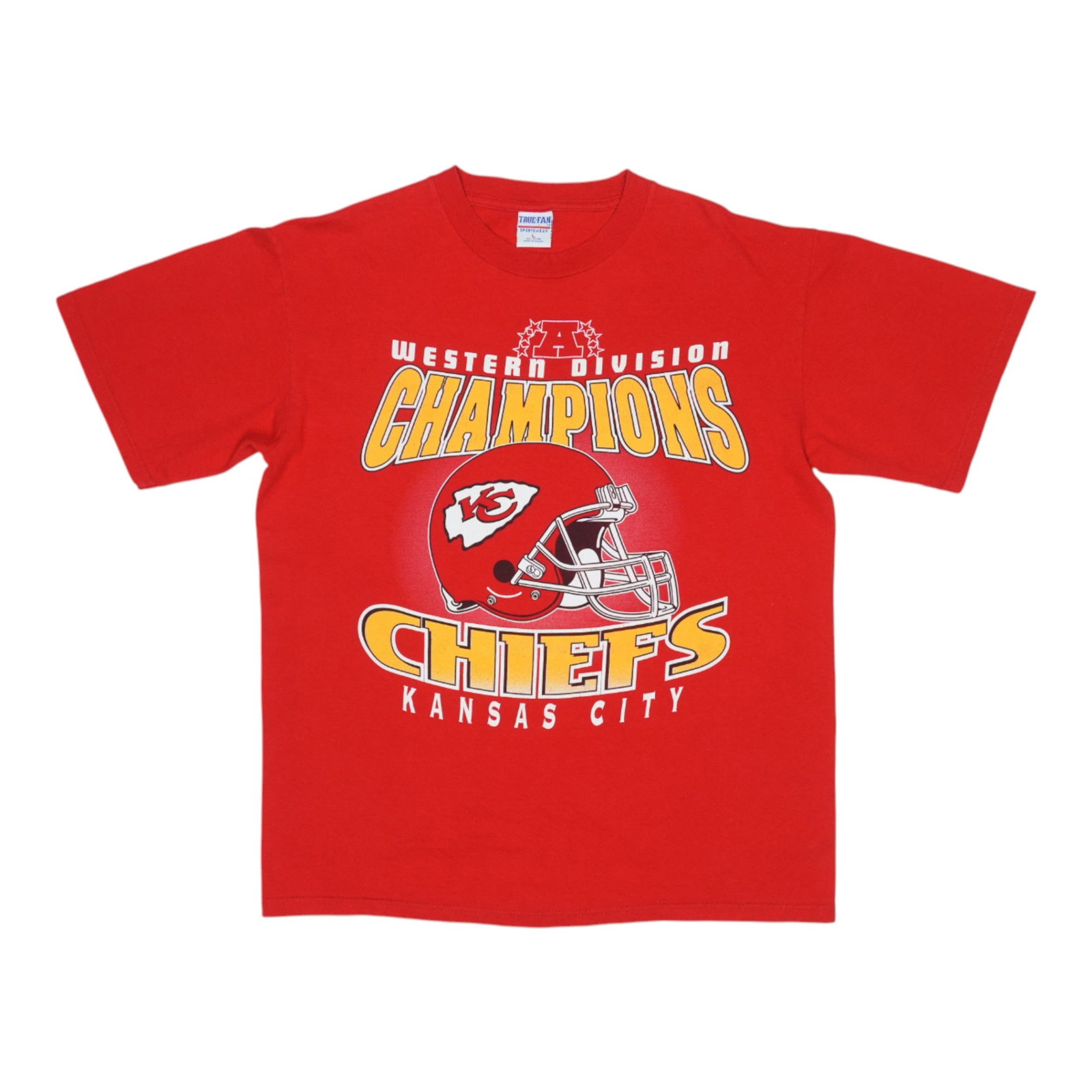 Vintage 1990s Kansas City Chiefs AFC West Champions Red Cotton Shirt: Vintage 1990s Kansas City Chiefs AFC West Champions Red Cotton Shirt This is an original vintage 1990s Kansas City Chiefs AFC West Champions shirt, not a modern reproduction. The shirt is red, made fr